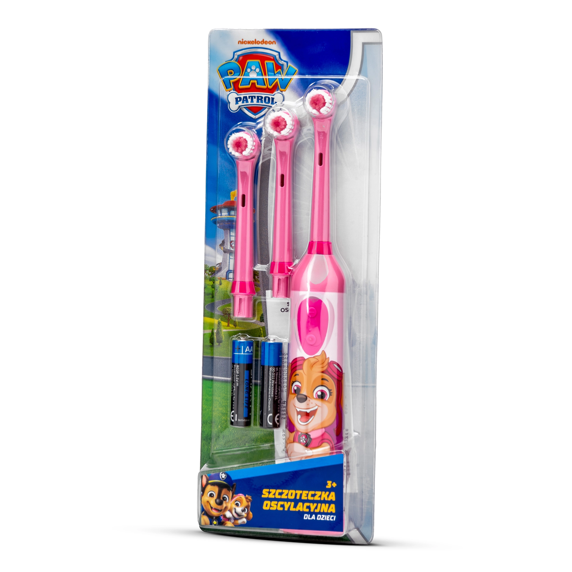 Opakowanie szczoteczki Paw Patrol z 3 końcówkami i bateriami.