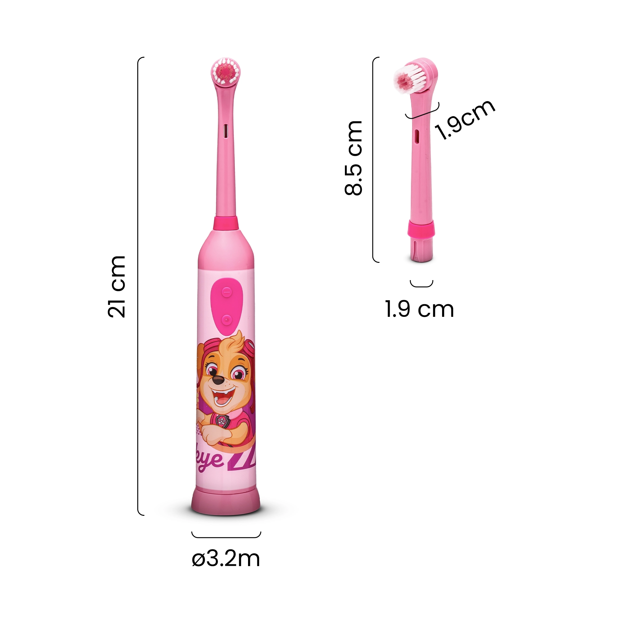 Różowa szczoteczka Paw Patrol, długość 21 cm, z wymiarami.
