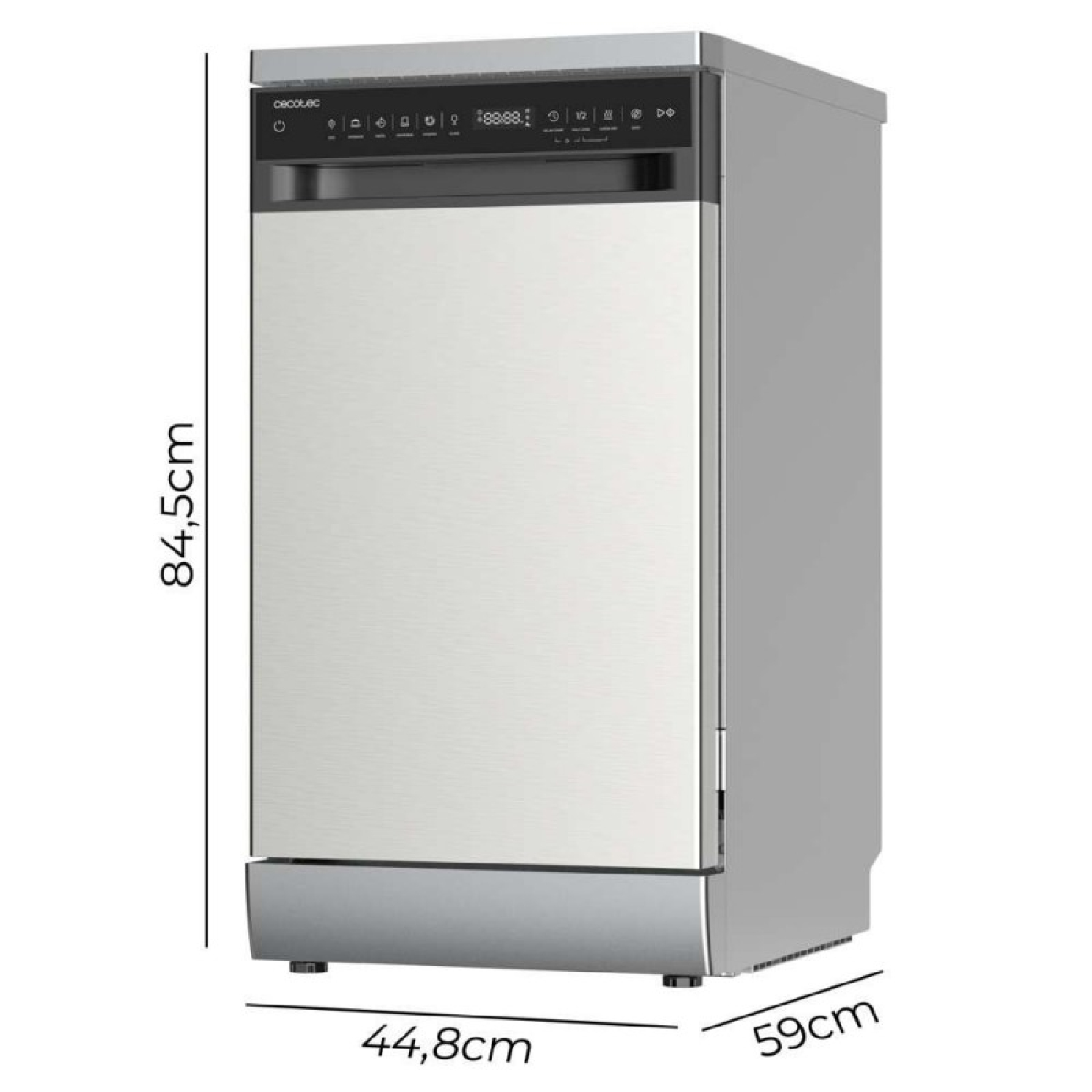 Un lavavajillas elegante blanco y plateado con pantalla digital y dimensiones.