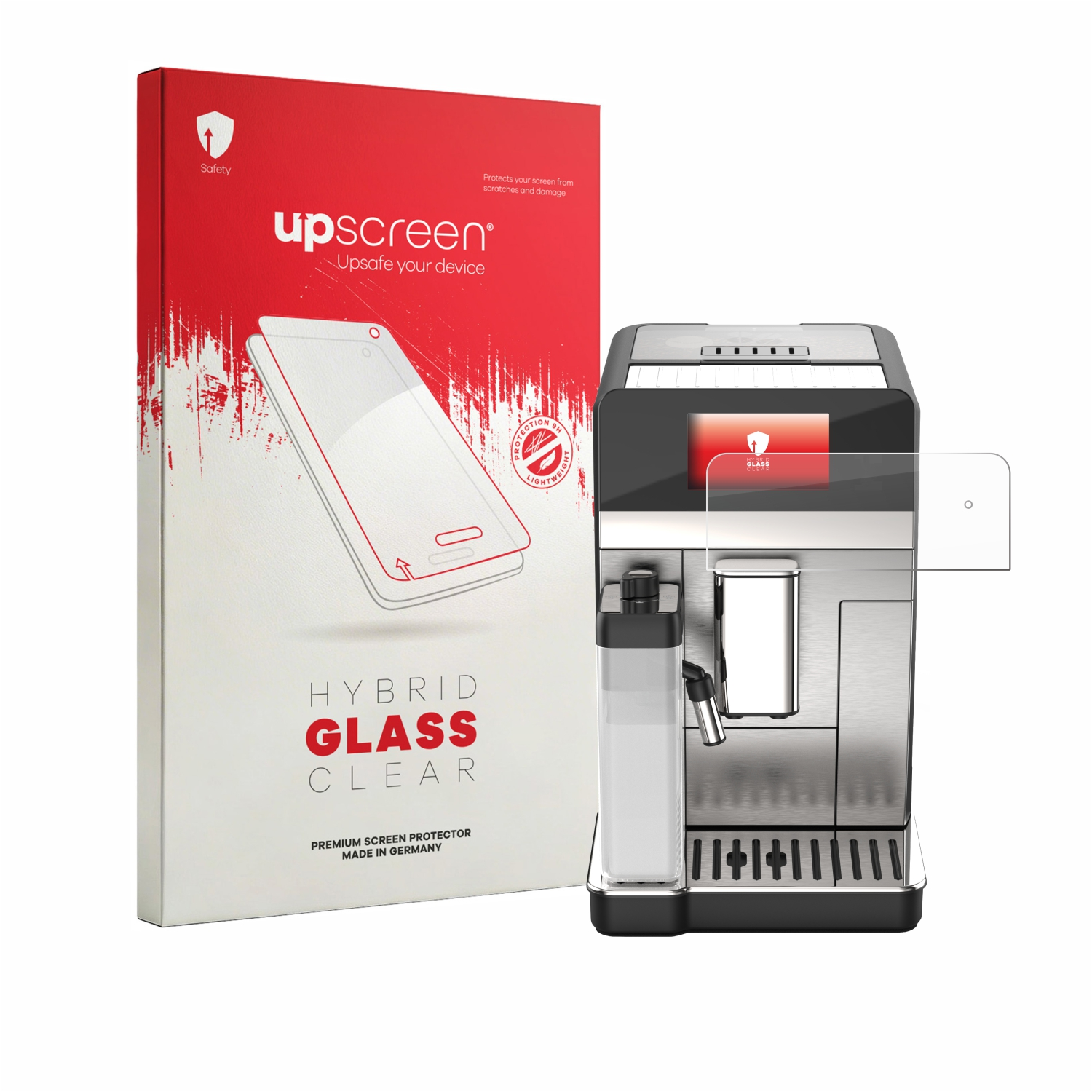 Eine rote Verpackung für Displayschutzfolien und eine Kaffeemaschine sind weiß dargestellt.