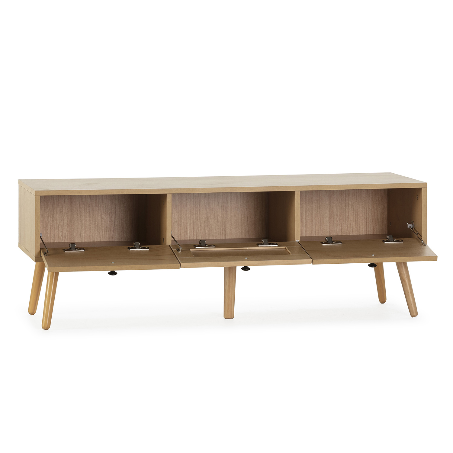 Un mueble de madera marrón claro con tres compartimentos abiertos y patas anguladas.
