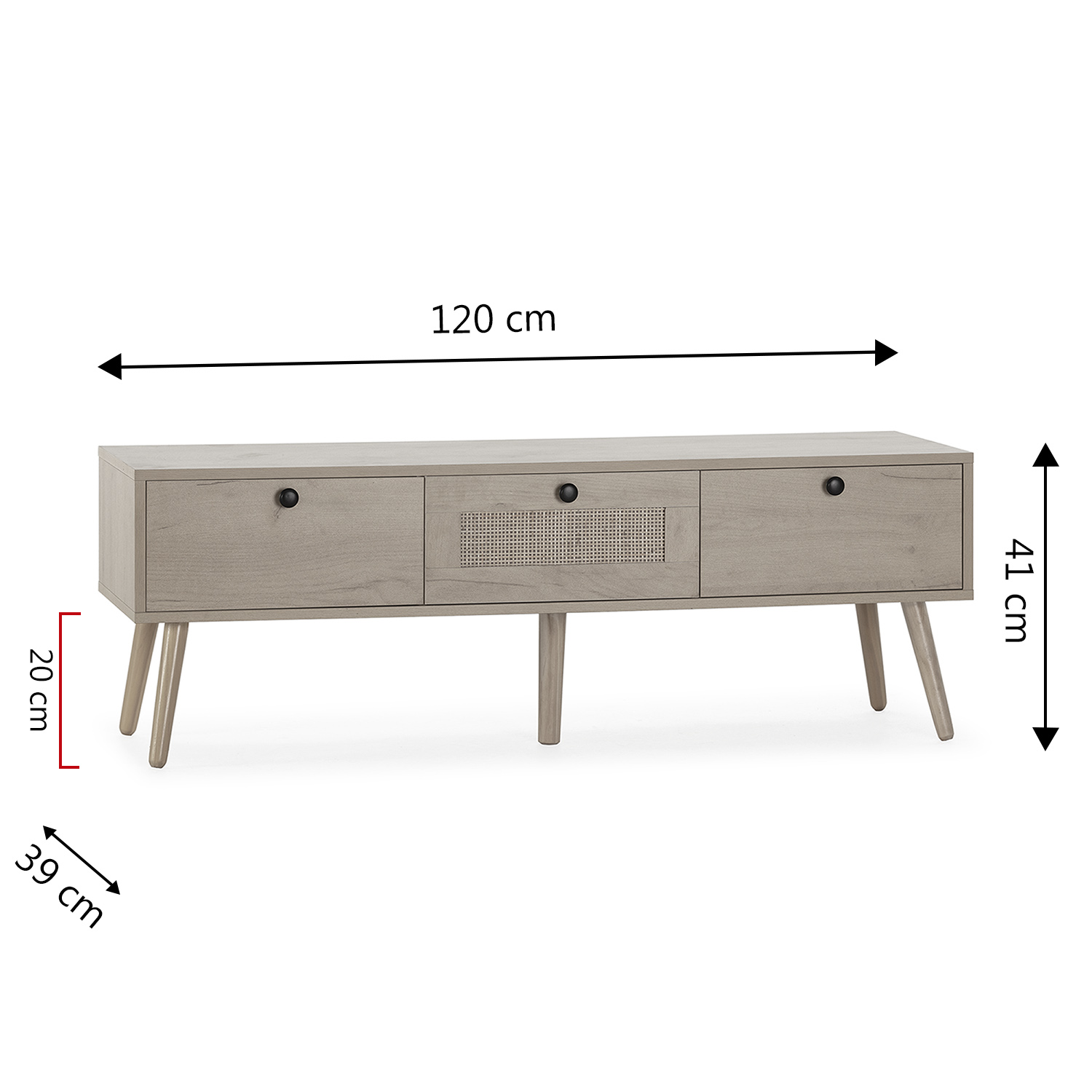 Mueble de TV marrón claro con tres cajones y detalle de mimbre. Dimensiones: 120x41x39 cm.