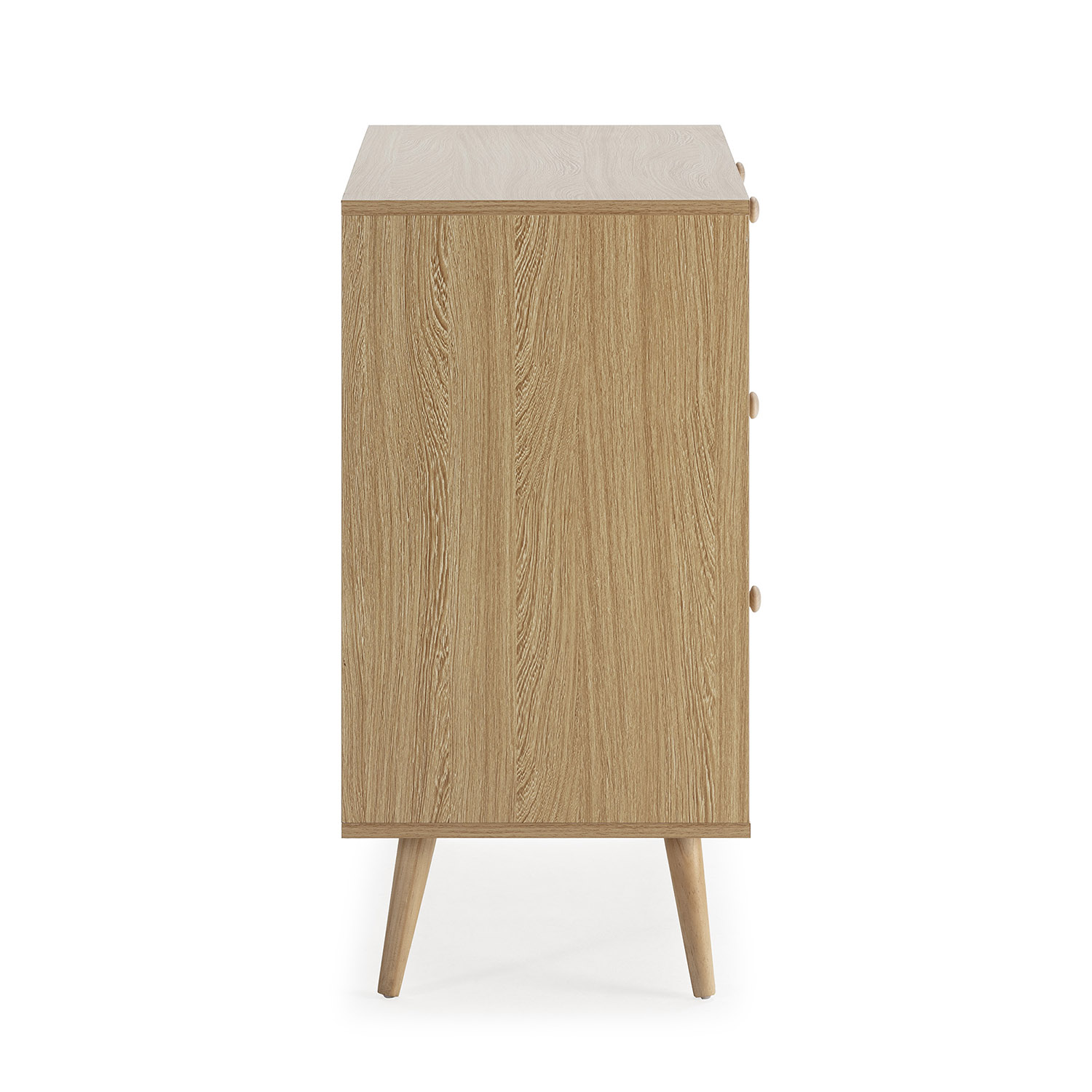 Una cómoda de madera con tres cajones sobre patas anguladas.
