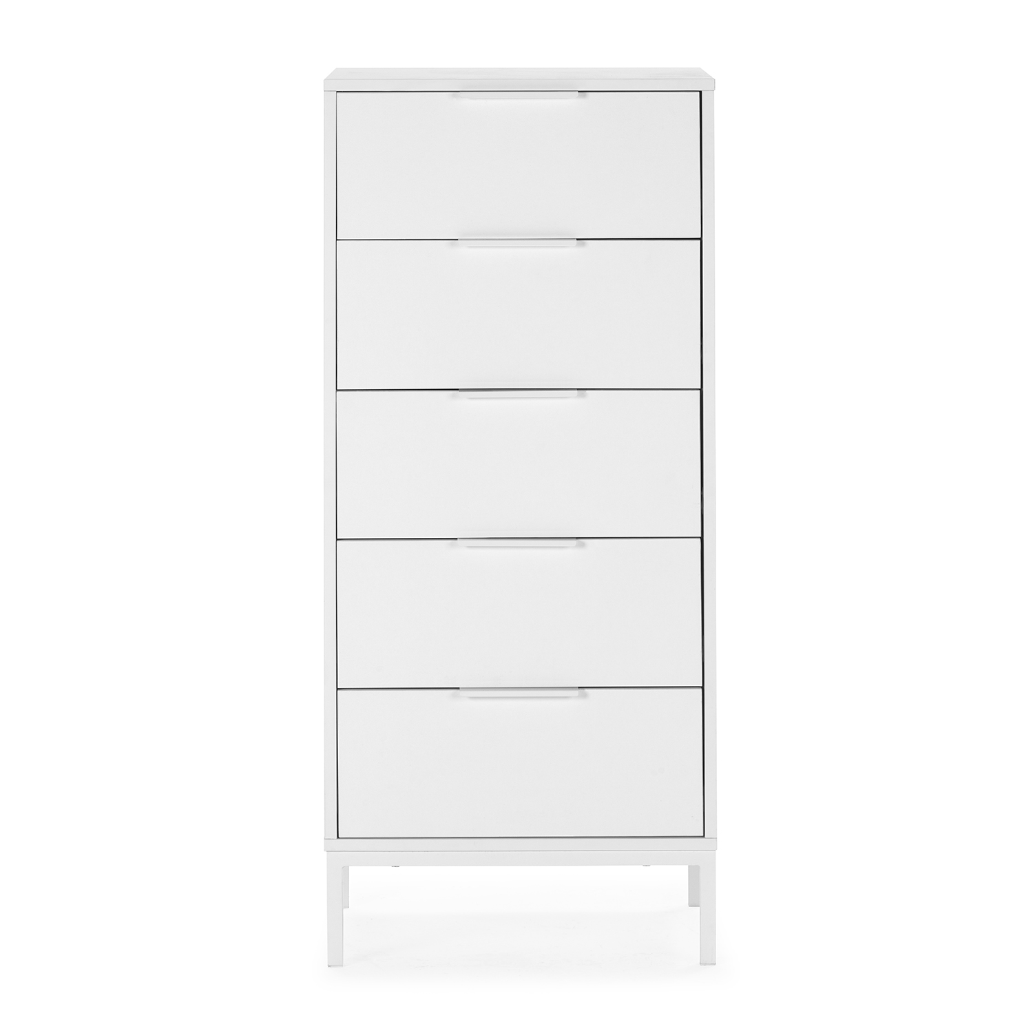 Un mueble blanco y estrecho con cinco cajones sobre patas delgadas.