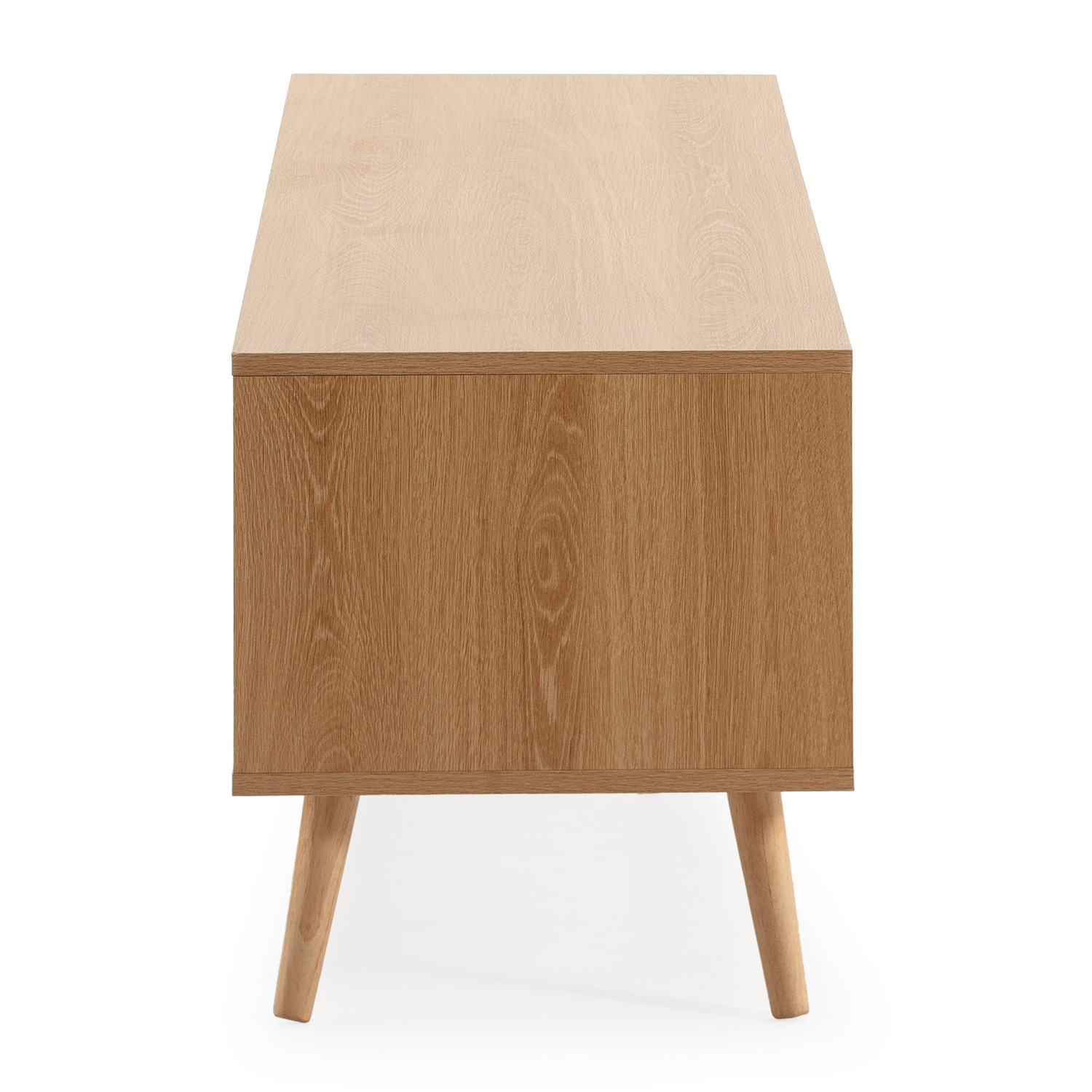 Un gabinete de madera marrón claro con cuatro patas cónicas, mostrado de lado.
