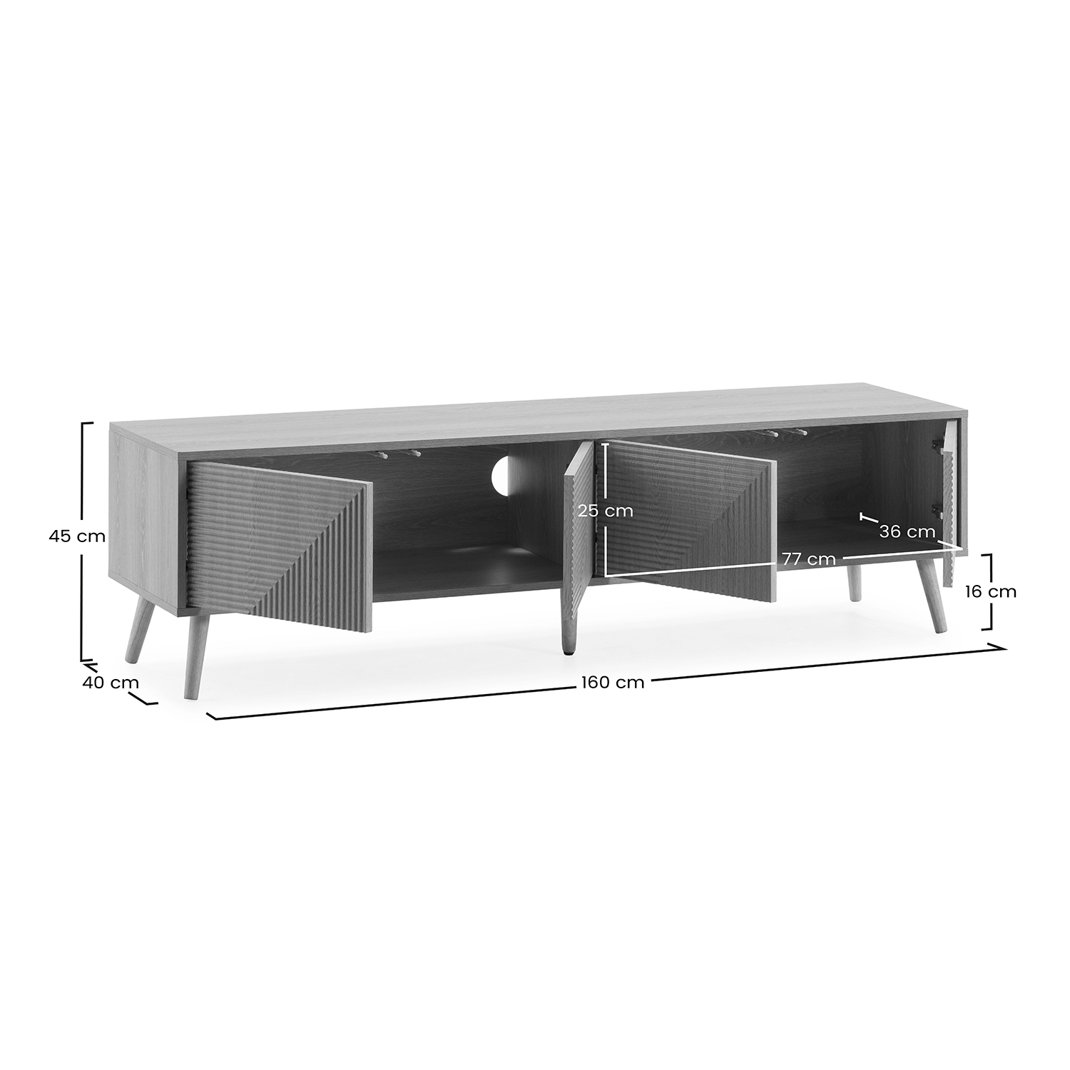 Un mueble de TV de madera con tres puertas, se muestran las dimensiones.