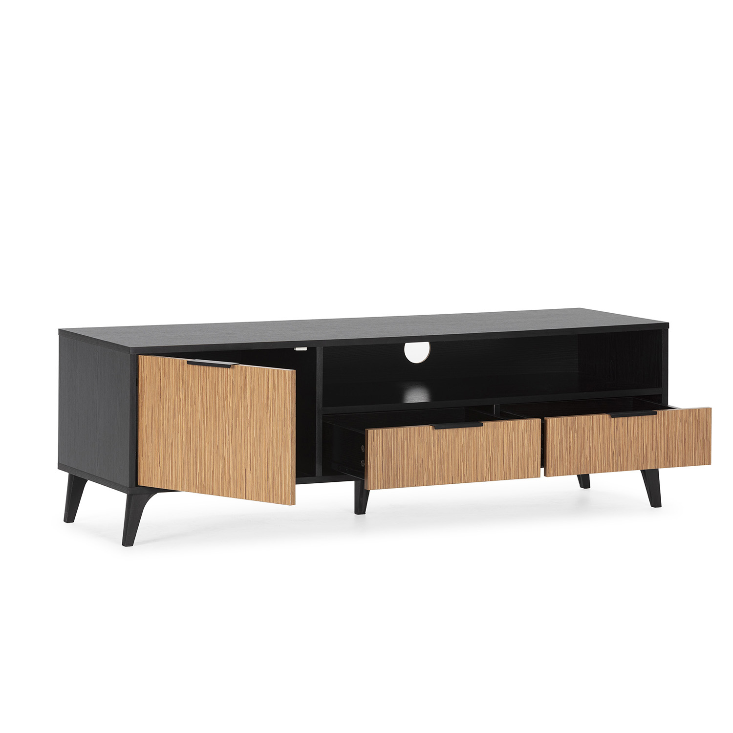 Consola multimedia negra con cajones de madera y puerta abierta, sobre patas.