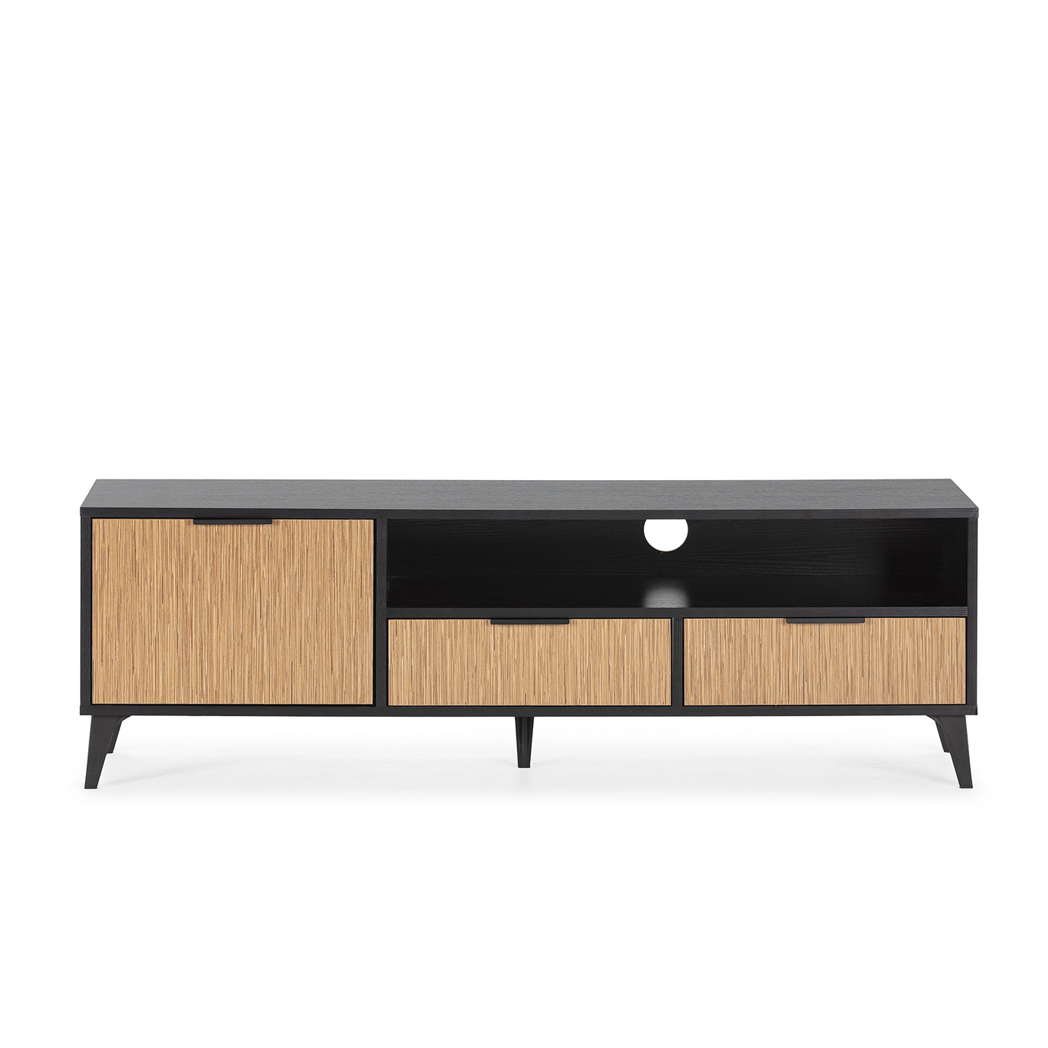 Un mueble de TV negro con detalles de madera y cuatro patas.