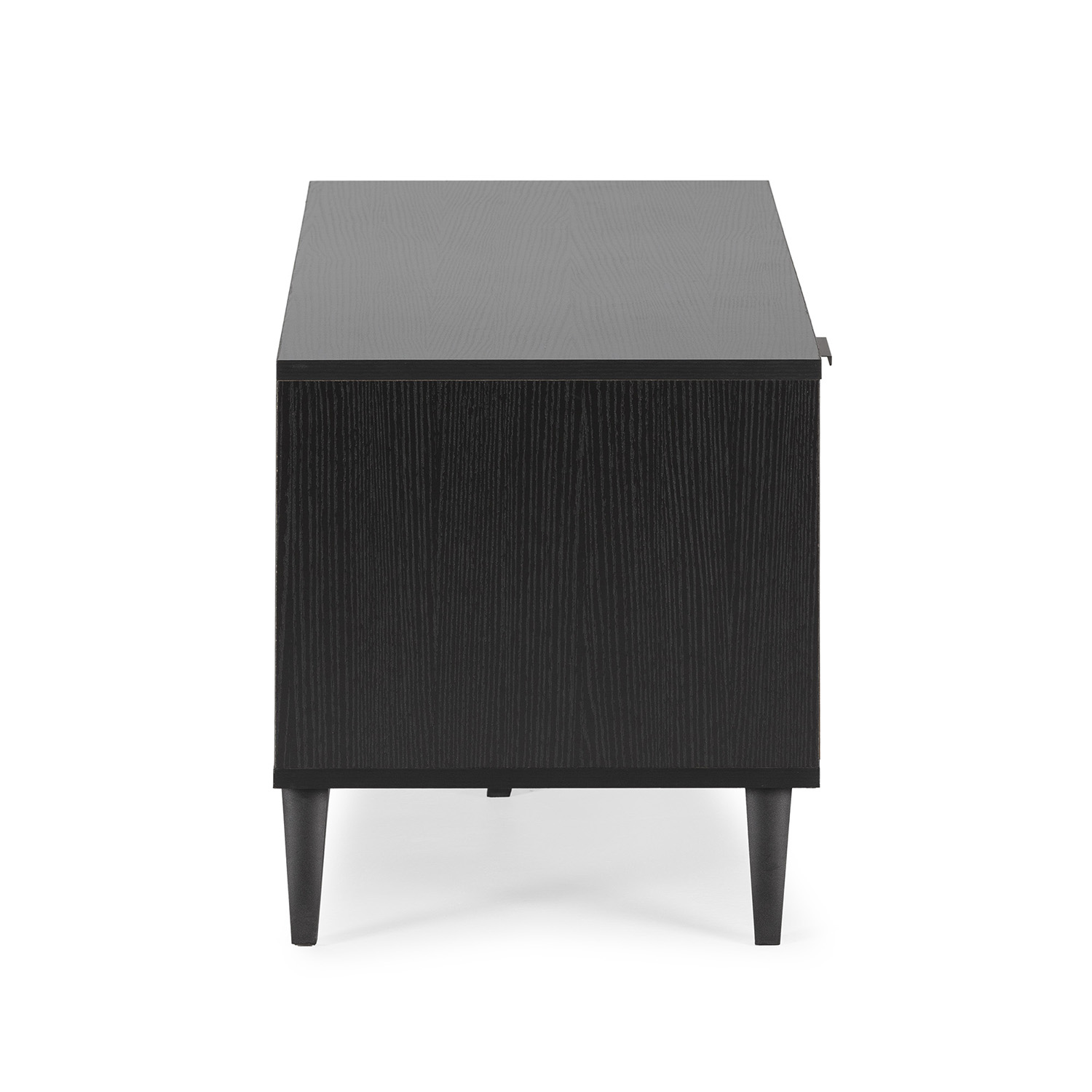 Un mueble de madera negro con cuatro patas sobre fondo blanco.