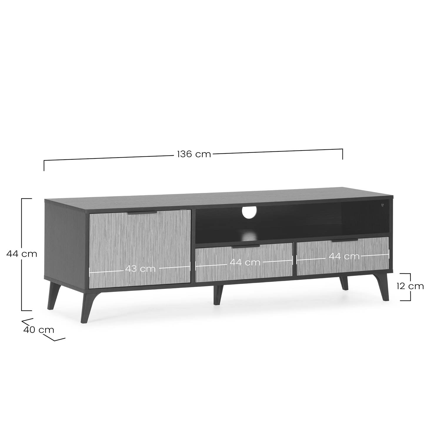 Un mueble de TV oscuro con una puerta y dos cajones, con medidas.
