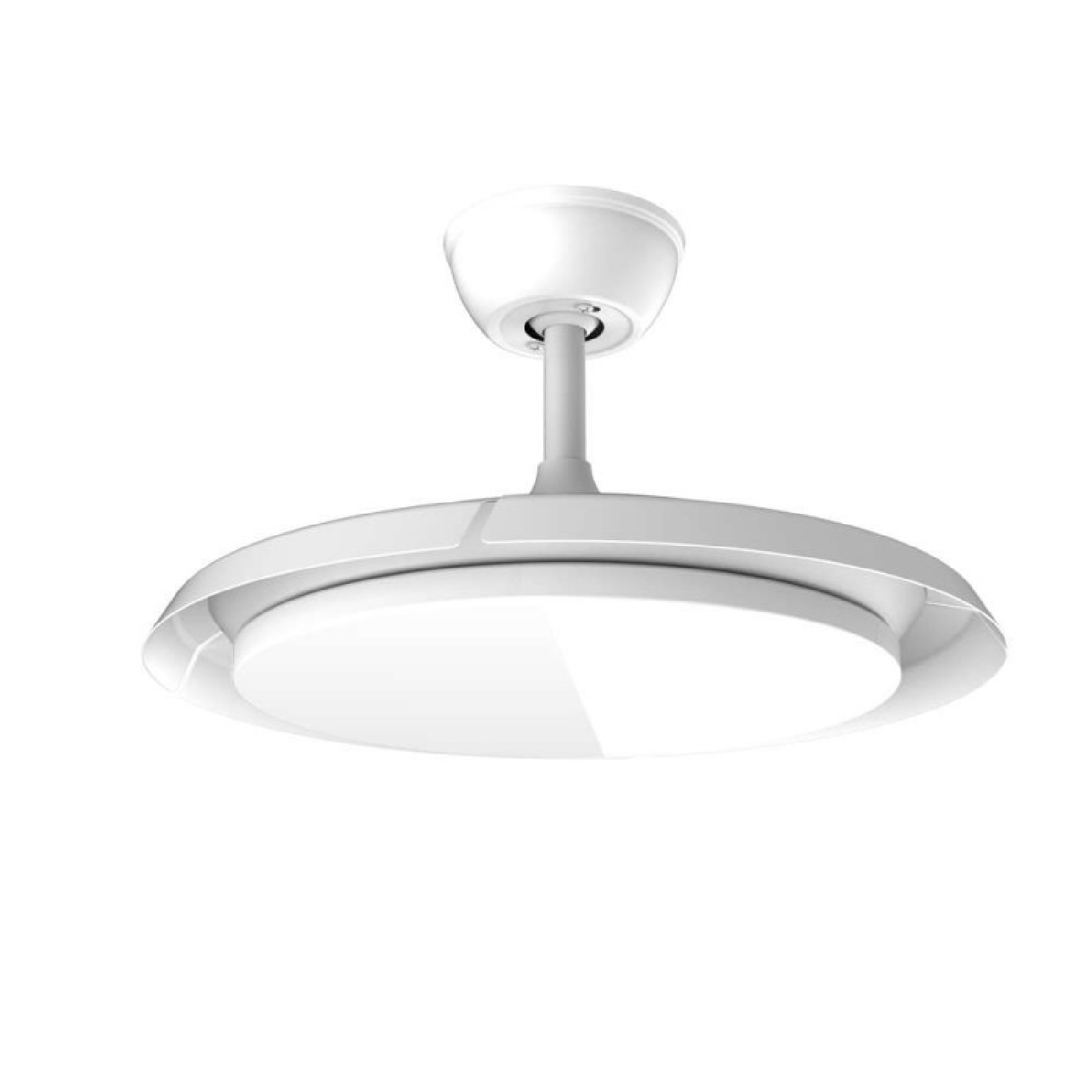Un ventilador de techo blanco moderno con luz LED integrada.