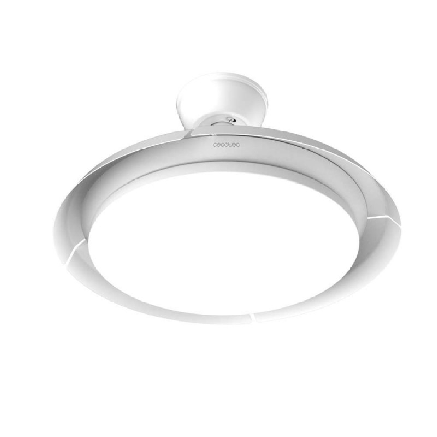 Una luz de ventilador de techo blanca con aspas formando una forma circular.