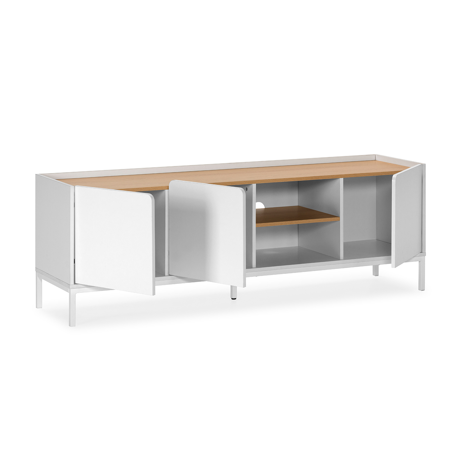 Un mueble de TV blanco con tapa de madera, puertas abiertas y estantes debajo.
