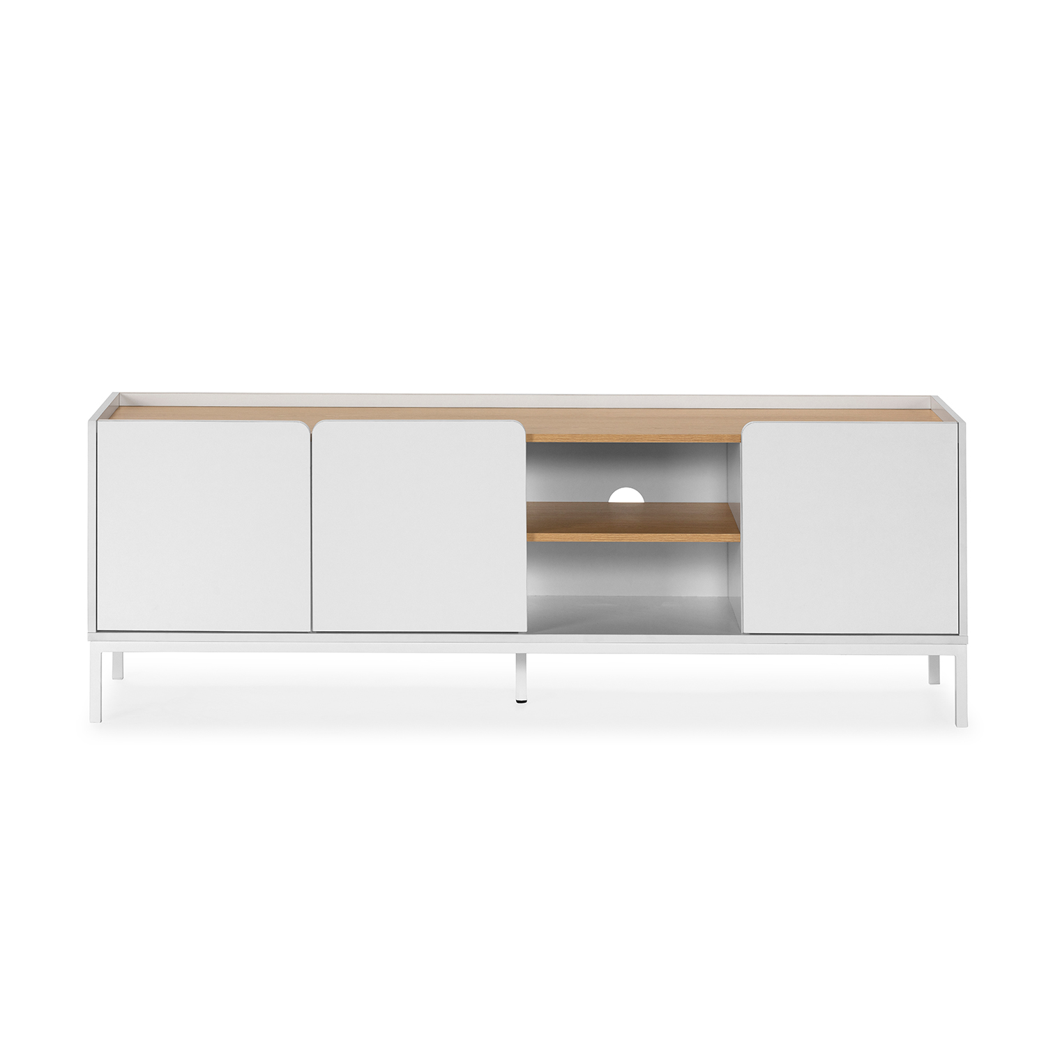 Mueble de TV blanco moderno con detalles de madera, dos puertas y estante.