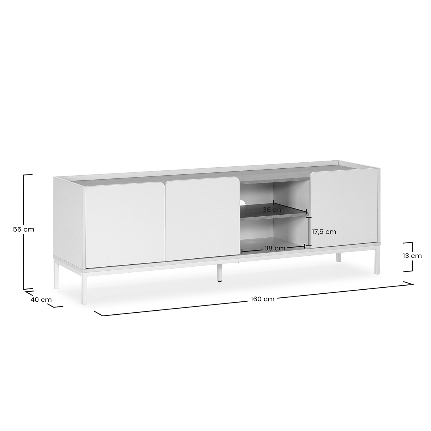 Mueble blanco con patas metálicas, se indican las dimensiones.
