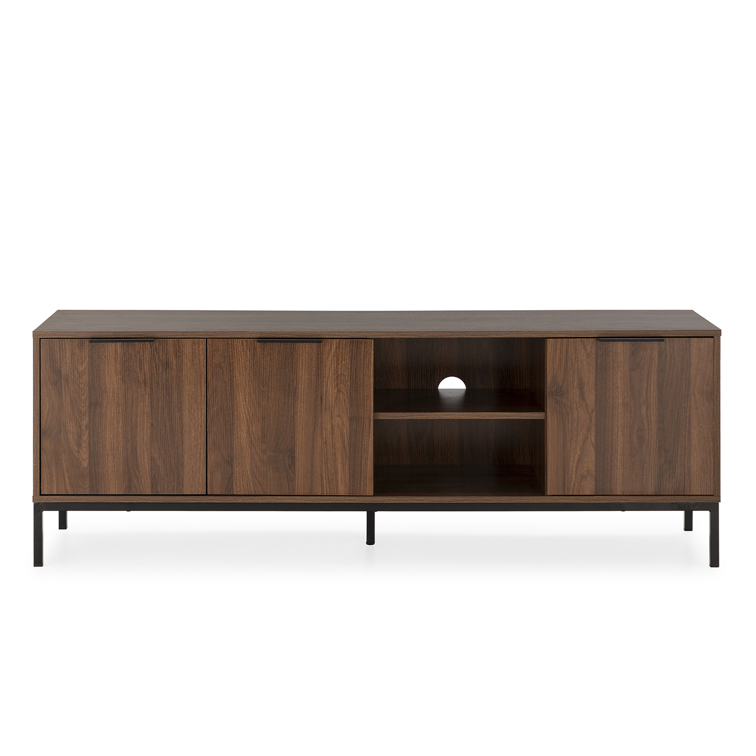 Mueble de TV de madera marrón oscuro sobre patas de metal negro con compartimentos abiertos.