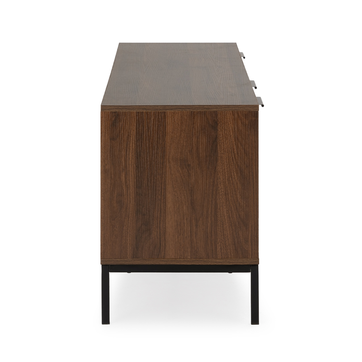 Cómoda de madera marrón con patas de metal negras sobre fondo blanco.