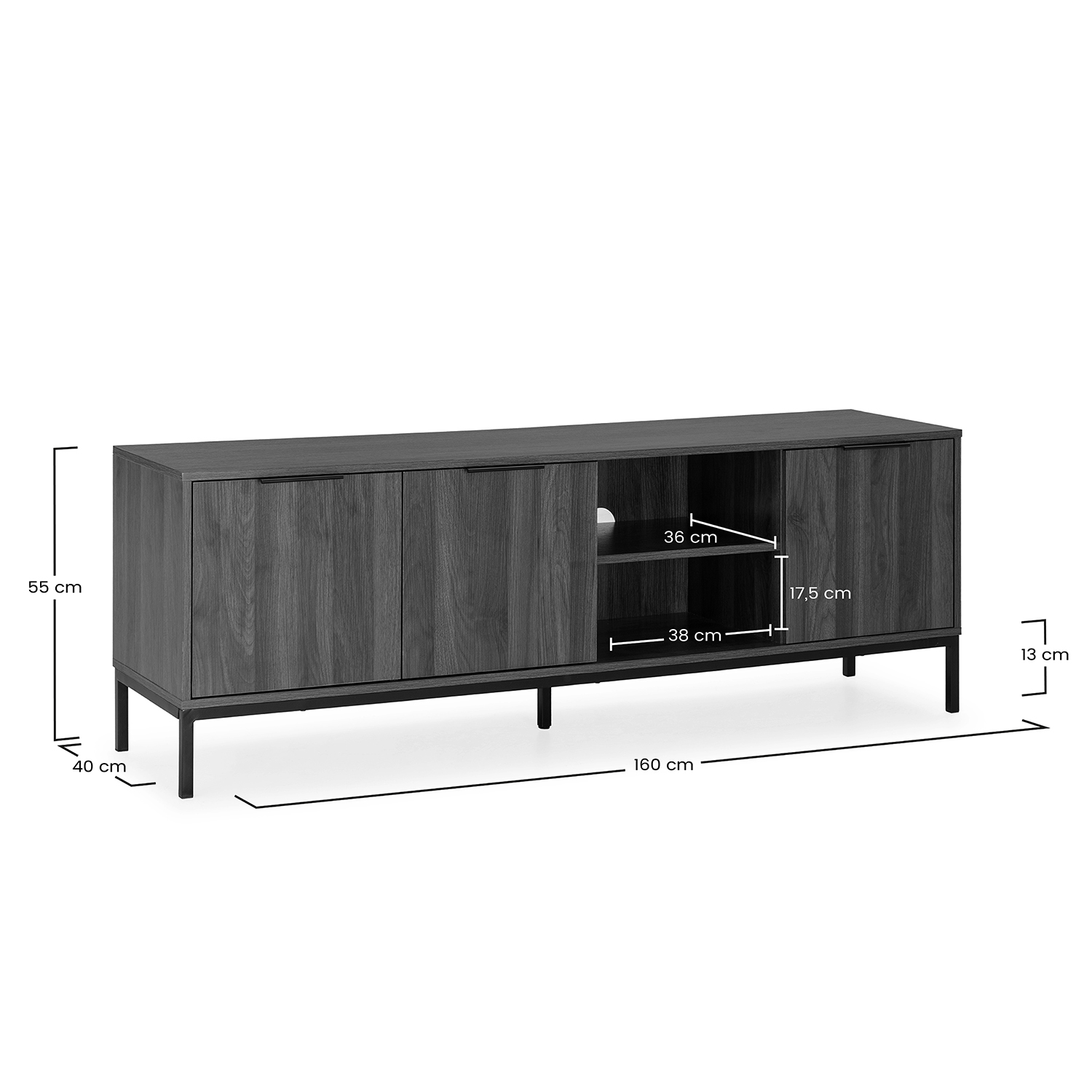 Mueble de TV de madera oscura con cuatro puertas y estantes abiertos. Dimensiones indicadas.