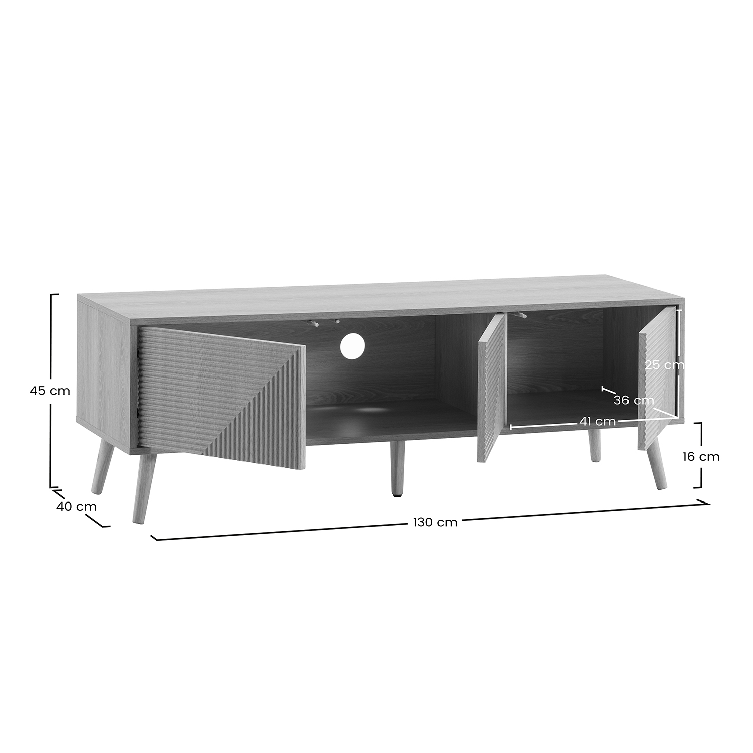 Un mueble de TV de madera clara con puertas abiertas, mostrando dimensiones.