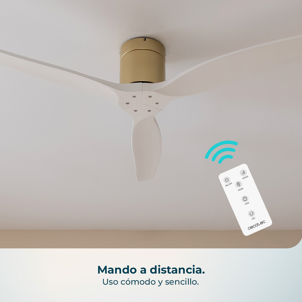 Ventilador de techo con mando a distancia e icono de onda.