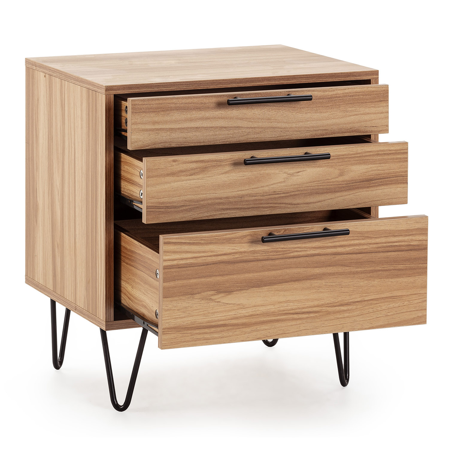 Cómoda de madera con tres cajones y patas de metal negro.