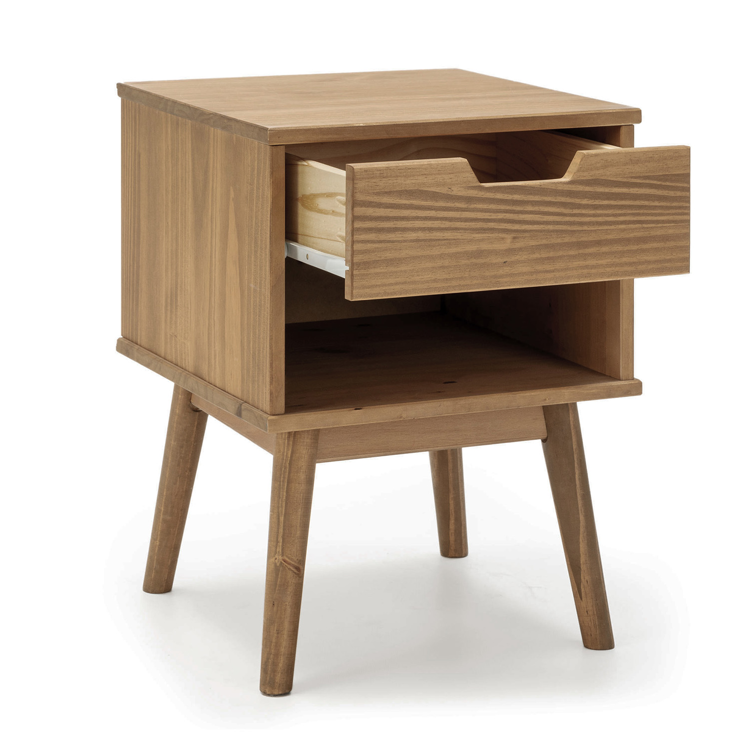 Mesita de noche de madera marrón con un cajón ligeramente abierto, sobre cuatro patas.