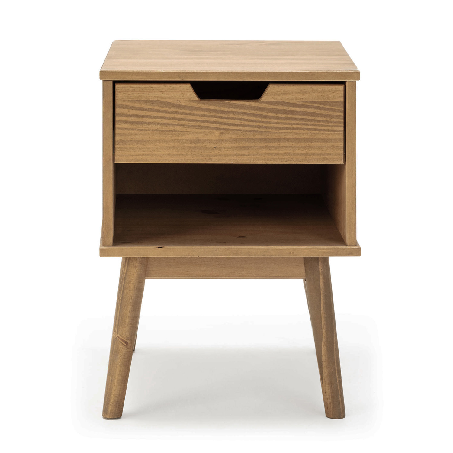Una mesita de noche de madera con un cajón y un estante abierto, sobre cuatro patas.