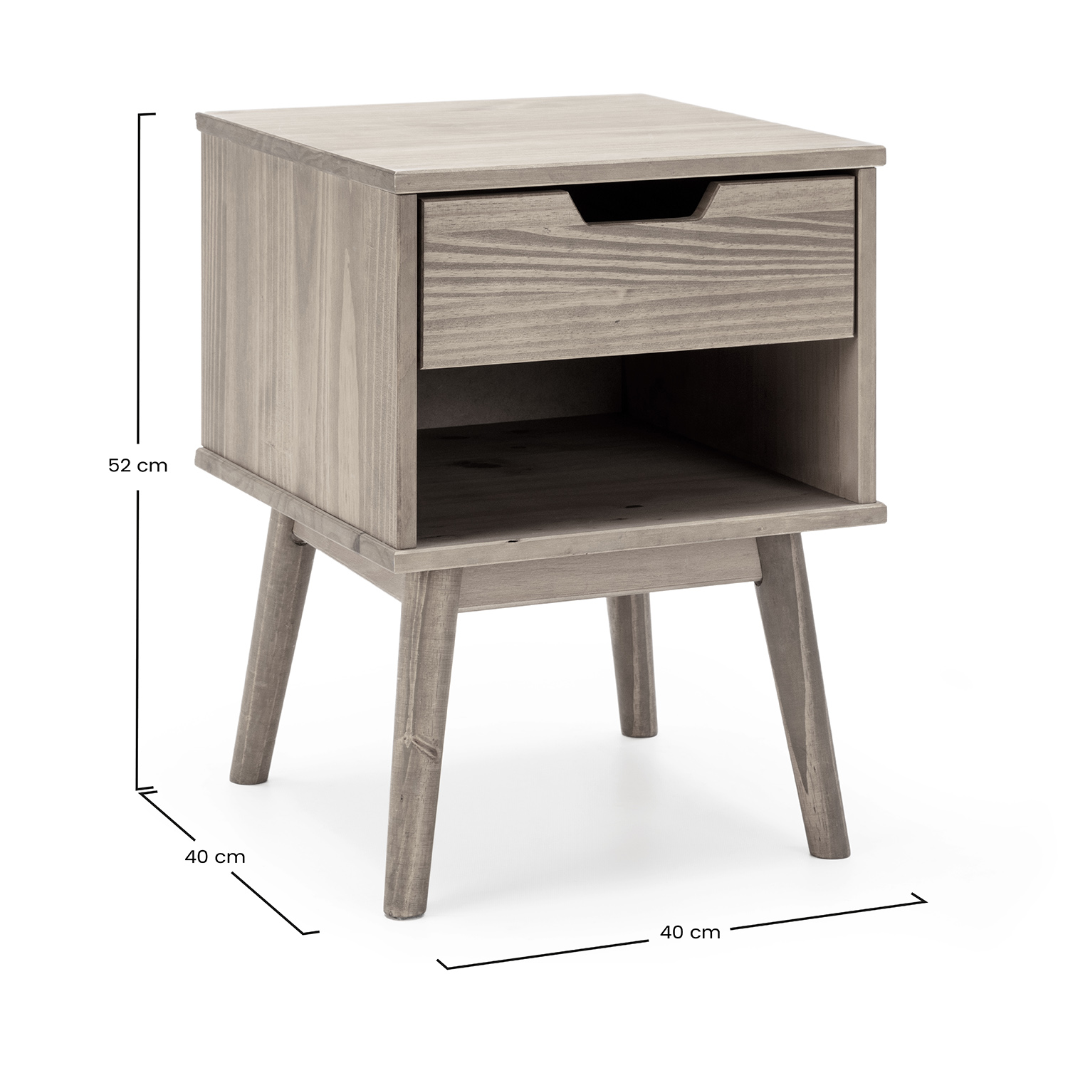 Mesita de noche de madera gris con cajón y estante, 52x40x40 cm.
