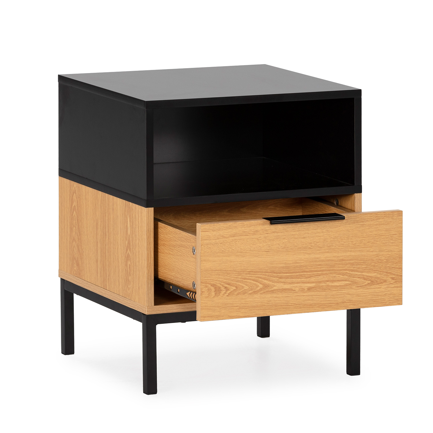 Una mesita de noche con cajón de laminado de madera, tapa negra y estante.