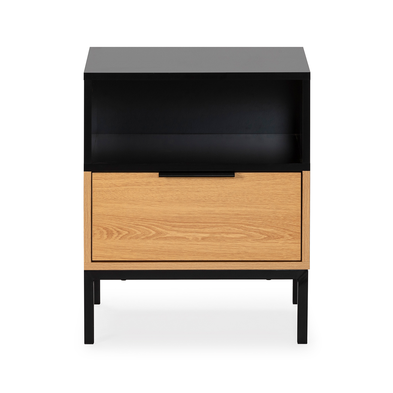 Una mesita de noche de madera y metal negro con un cajón y un estante abierto.