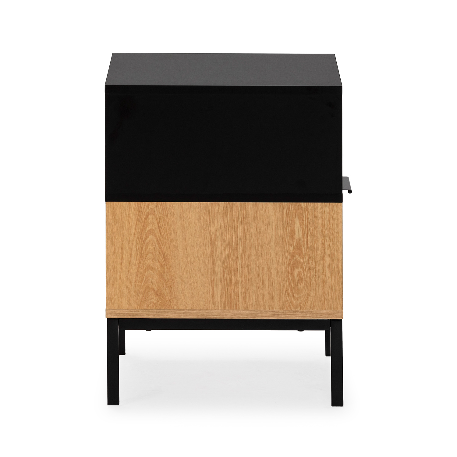 Un mueble negro y de madera con patas de metal negro sobre fondo blanco.