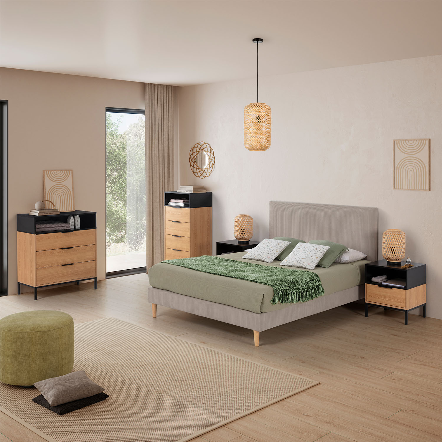 Dormitorio moderno con cama, mesitas de noche, cómoda, otomana y alfombra.