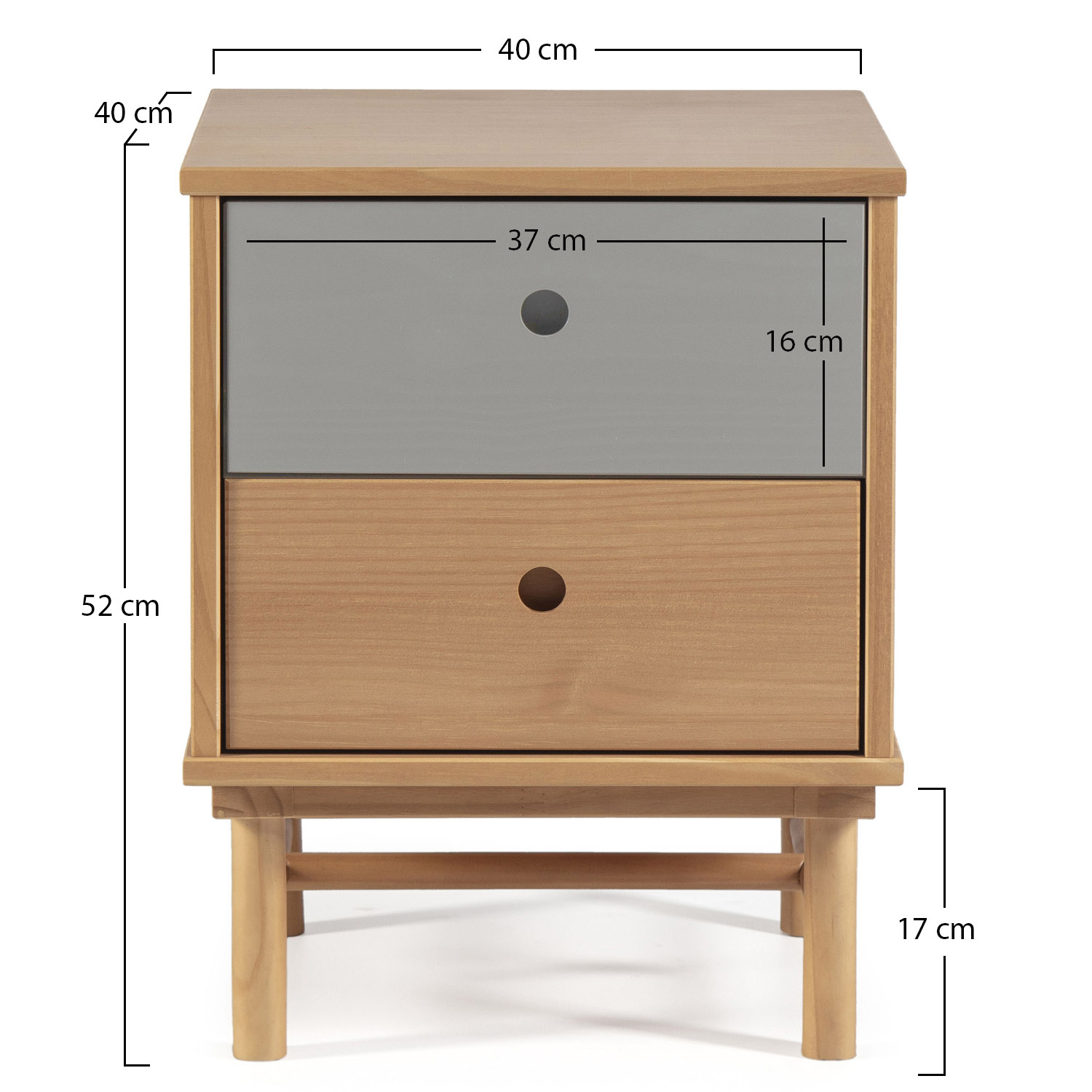 Mesita de noche de madera con dos cajones. Dimensiones: 40x52x40cm.