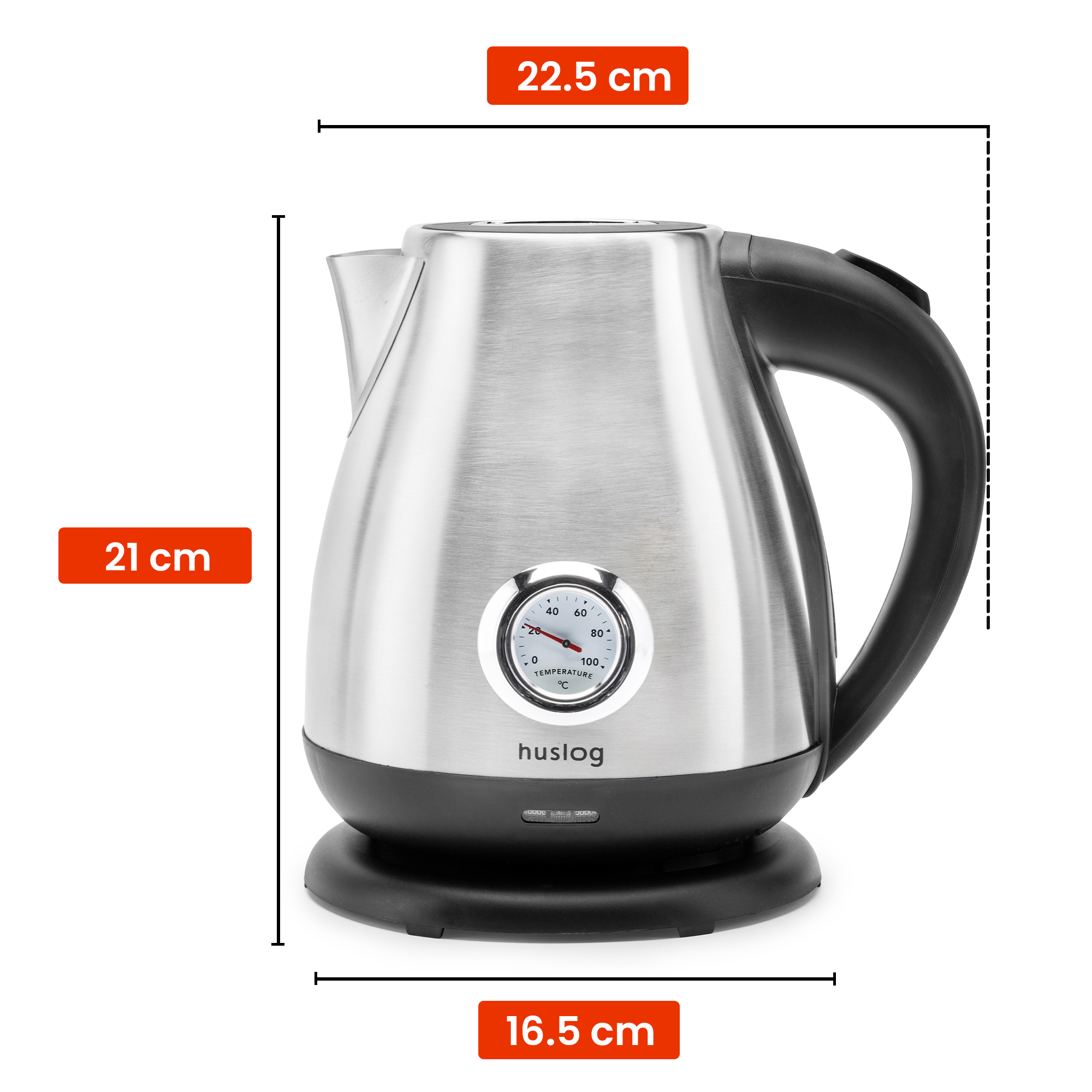 Bollitore elettrico argento con manico nero e termometro.