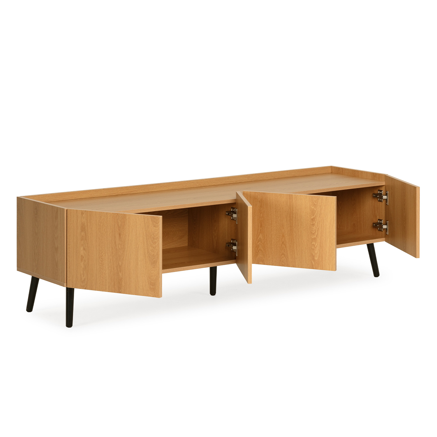 Un mueble de madera con puertas abiertas y patas negras sobre fondo blanco.