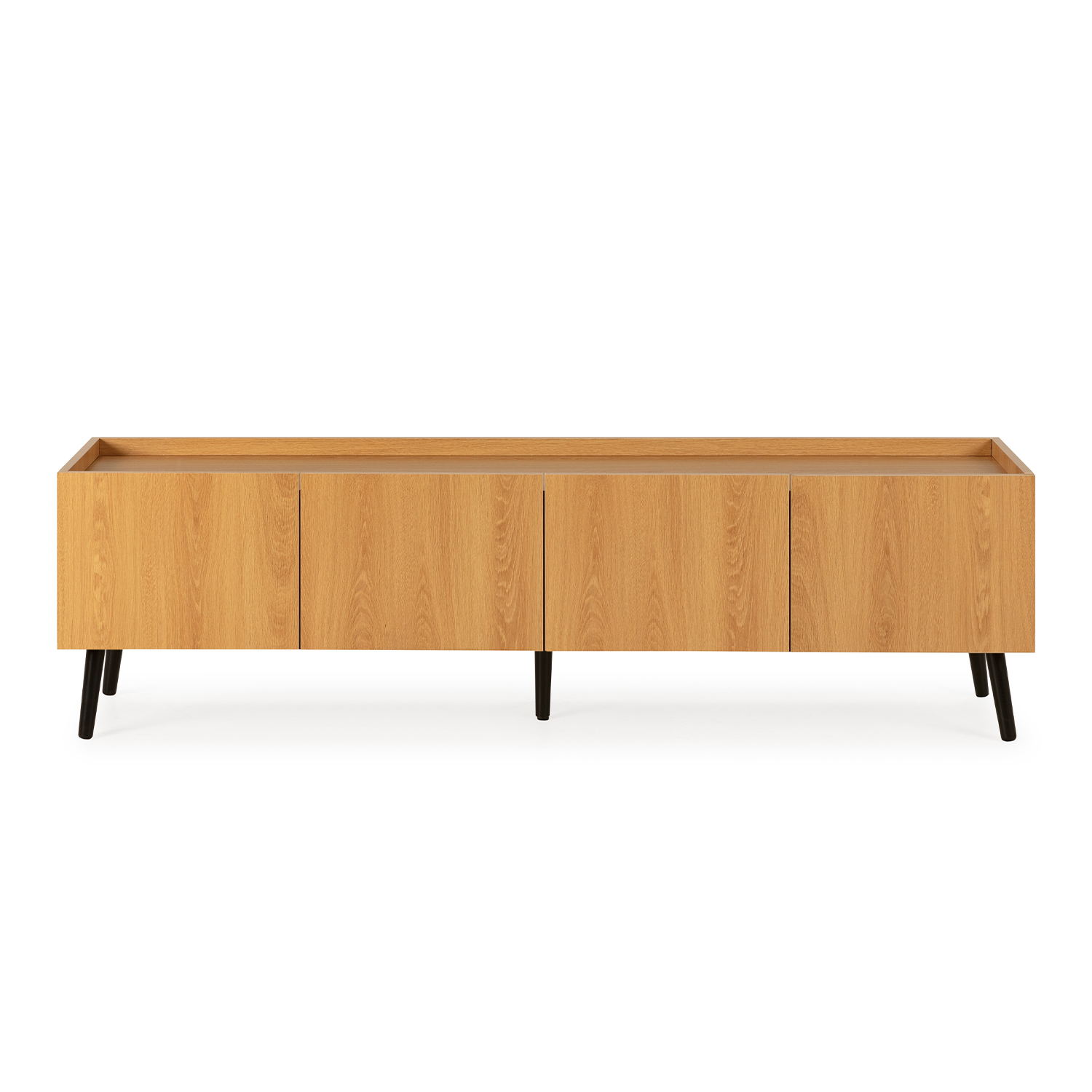 Un mueble de madera largo y sencillo con cuatro puertas y cuatro patas negras.