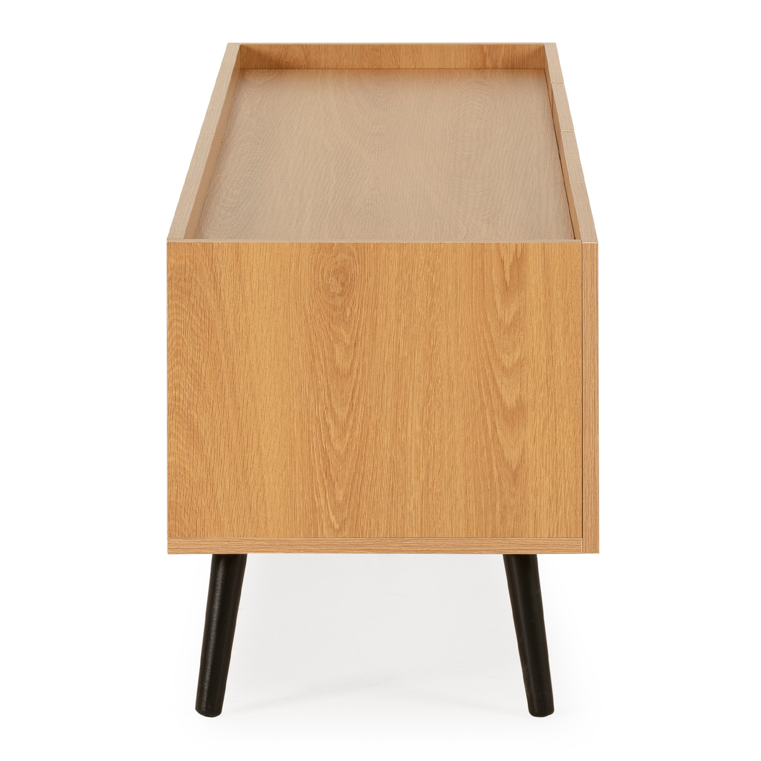 Un mueble de madera sobre patas negras, mostrado de lado.