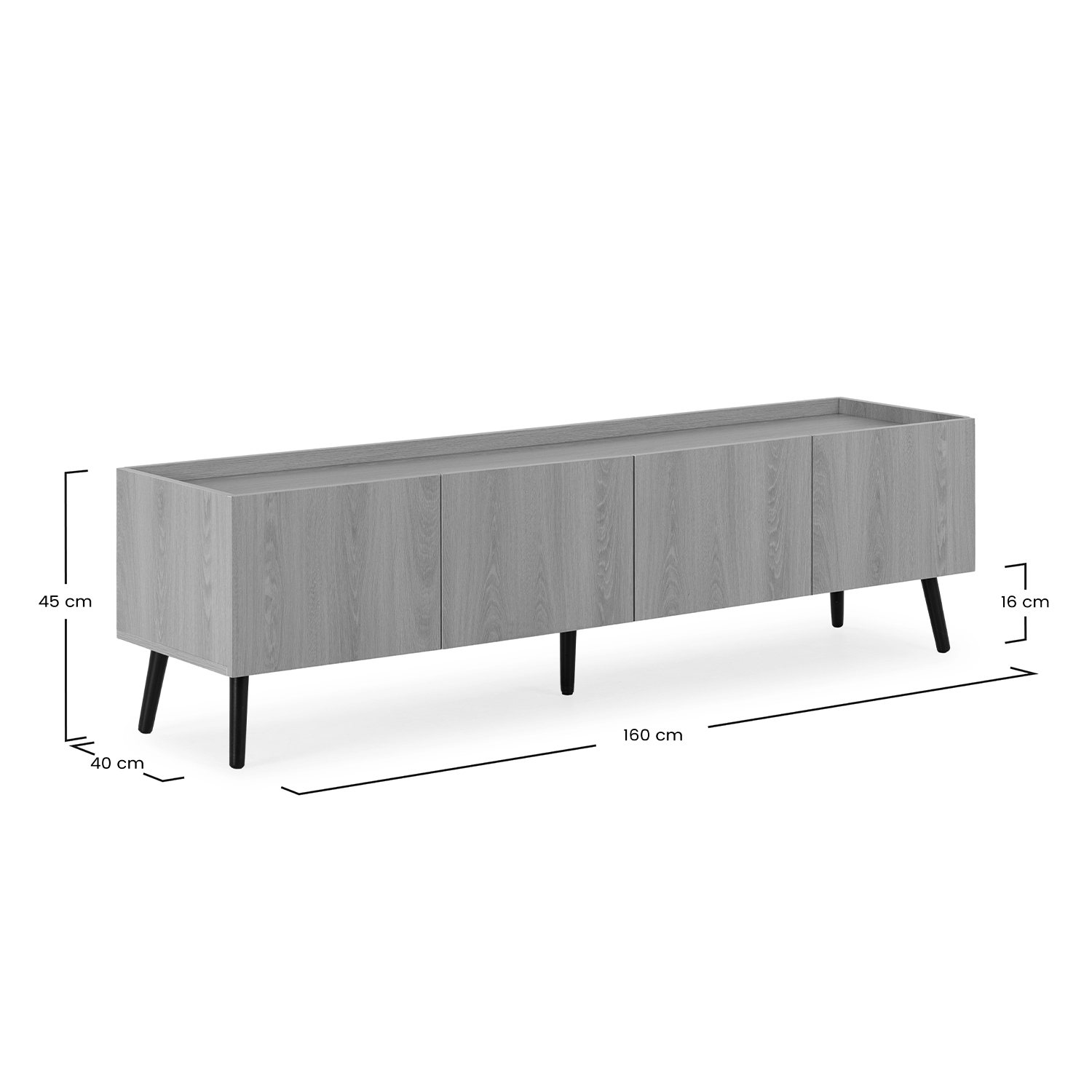Aparador gris de cuatro puertas y patas negras, 160 cm de largo.