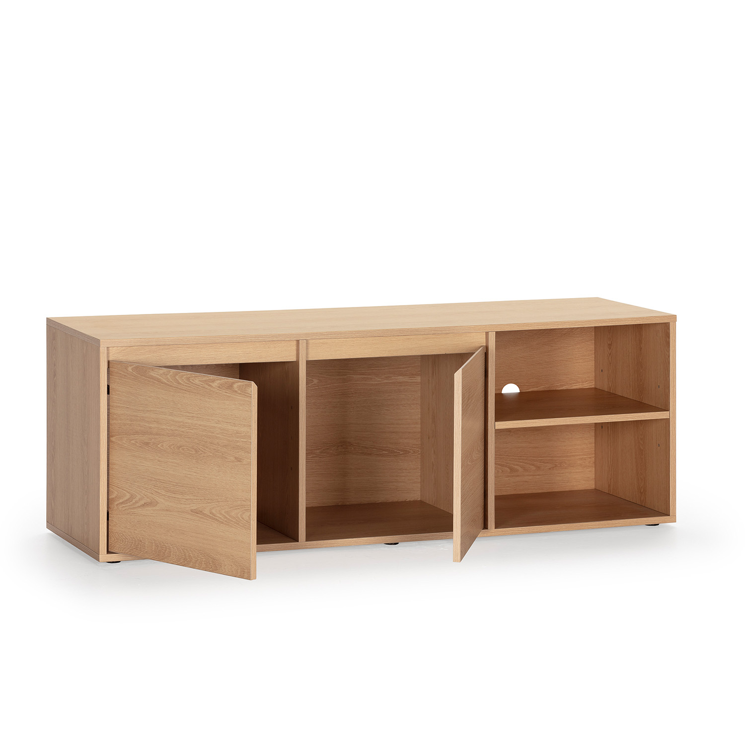 Un aparador de madera marrón claro con puertas y estantes abiertos.