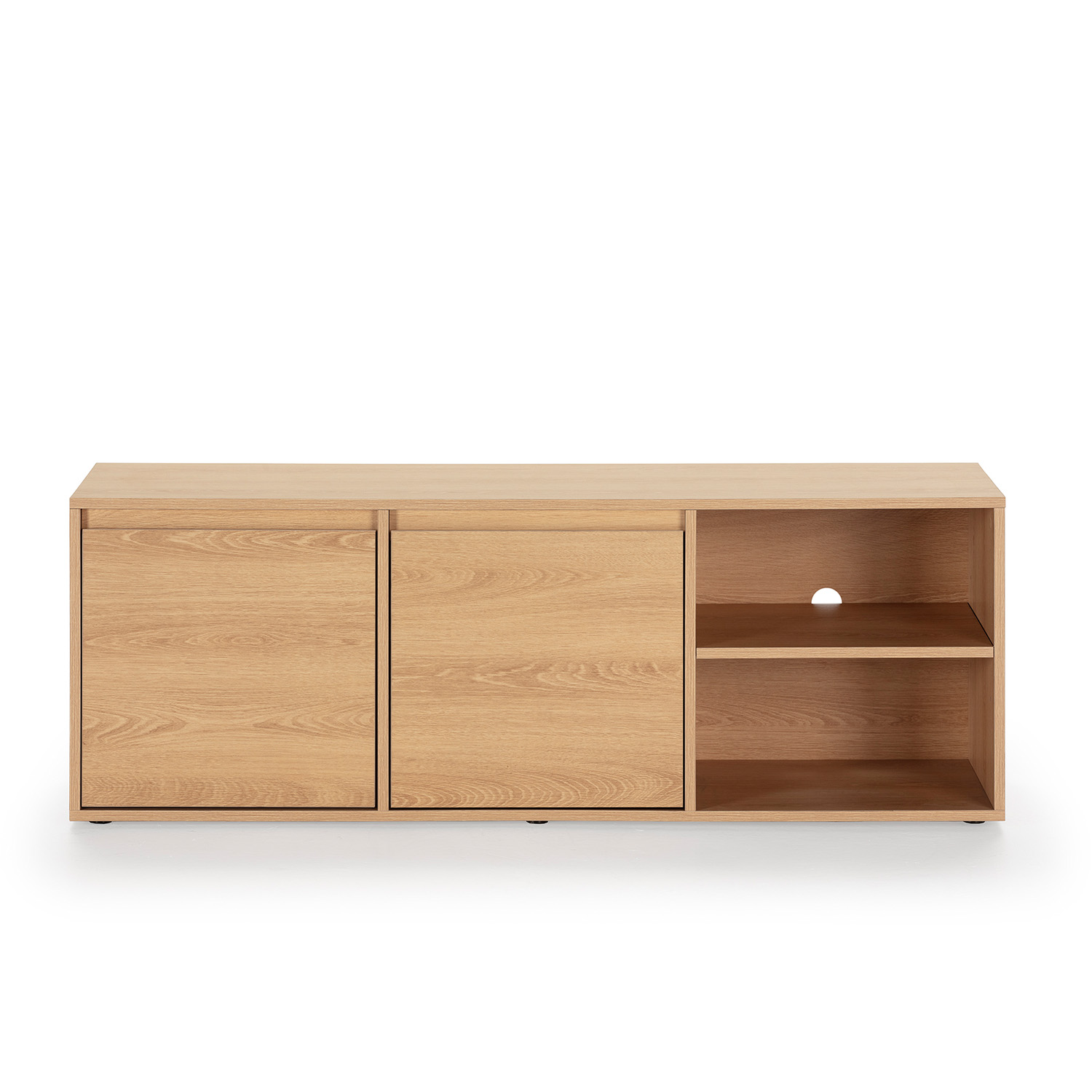 Un mueble de TV de madera sencillo con dos puertas y estantes abiertos.