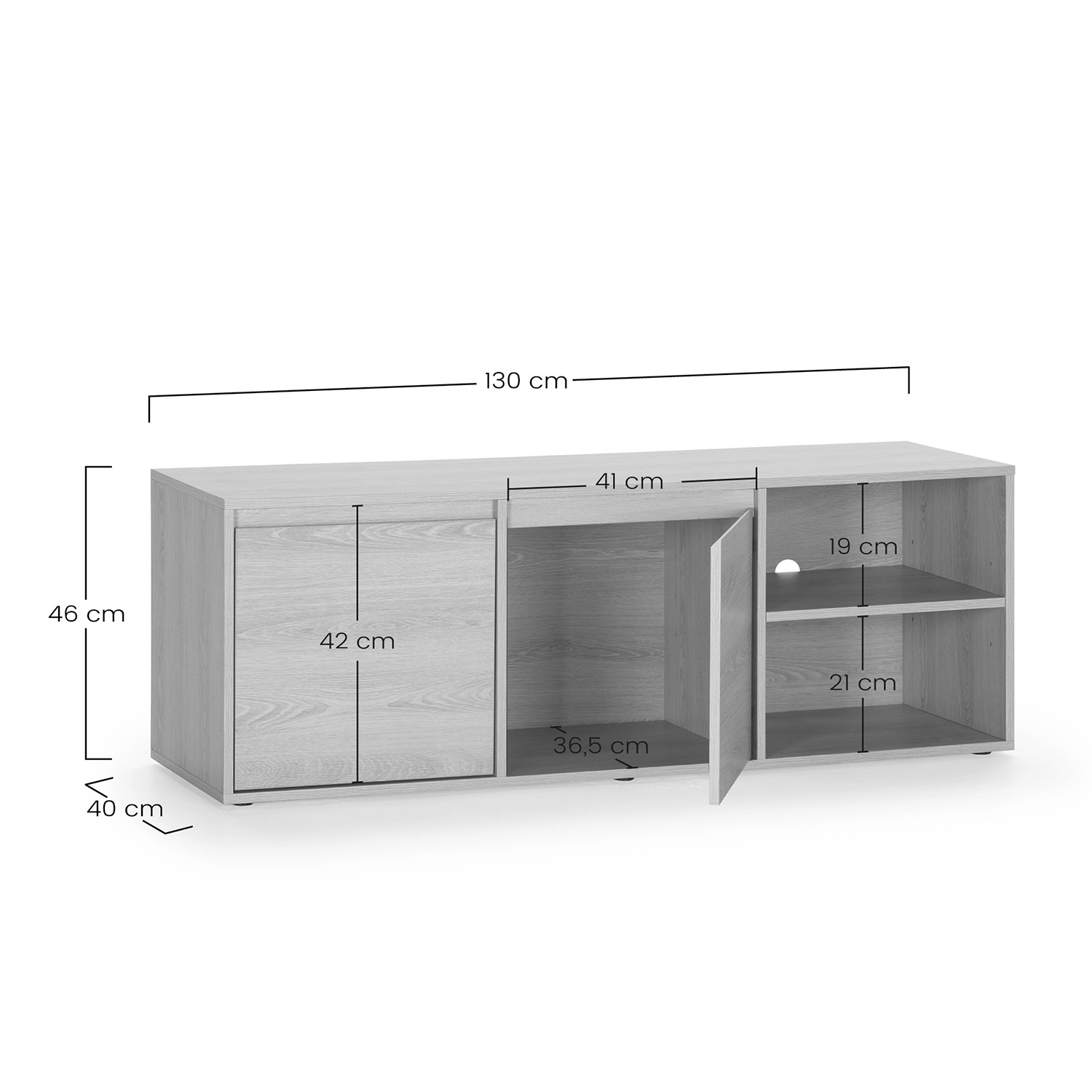 Un mueble de madera gris claro con estantes abiertos y puertas. Se muestran las medidas.