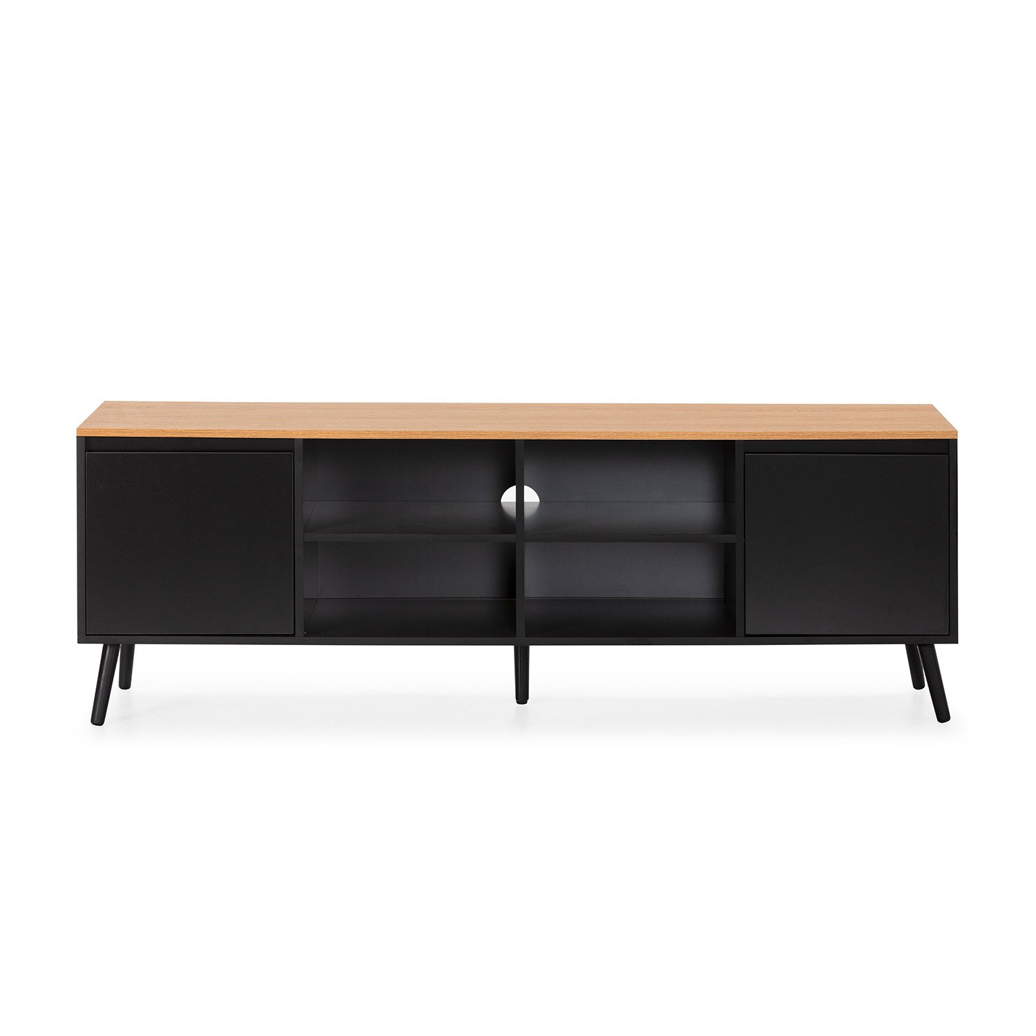 Una consola de medios negra con tapa de madera, estantes abiertos y puertas.