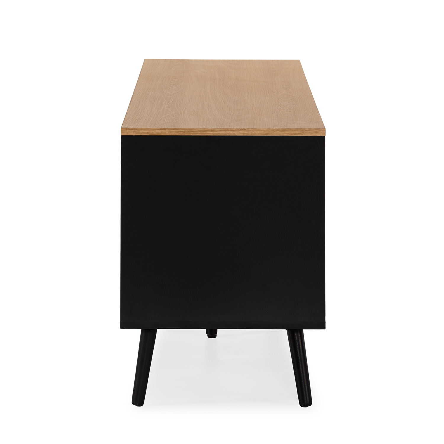 Un mueble negro con tapa de madera y cuatro patas delgadas.
