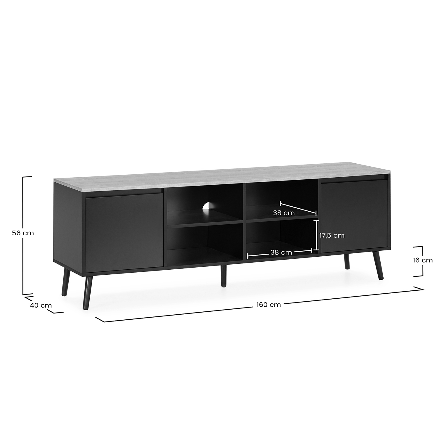 Mueble de TV negro con tapa de madera, 160cm de ancho, con puertas y estantes.