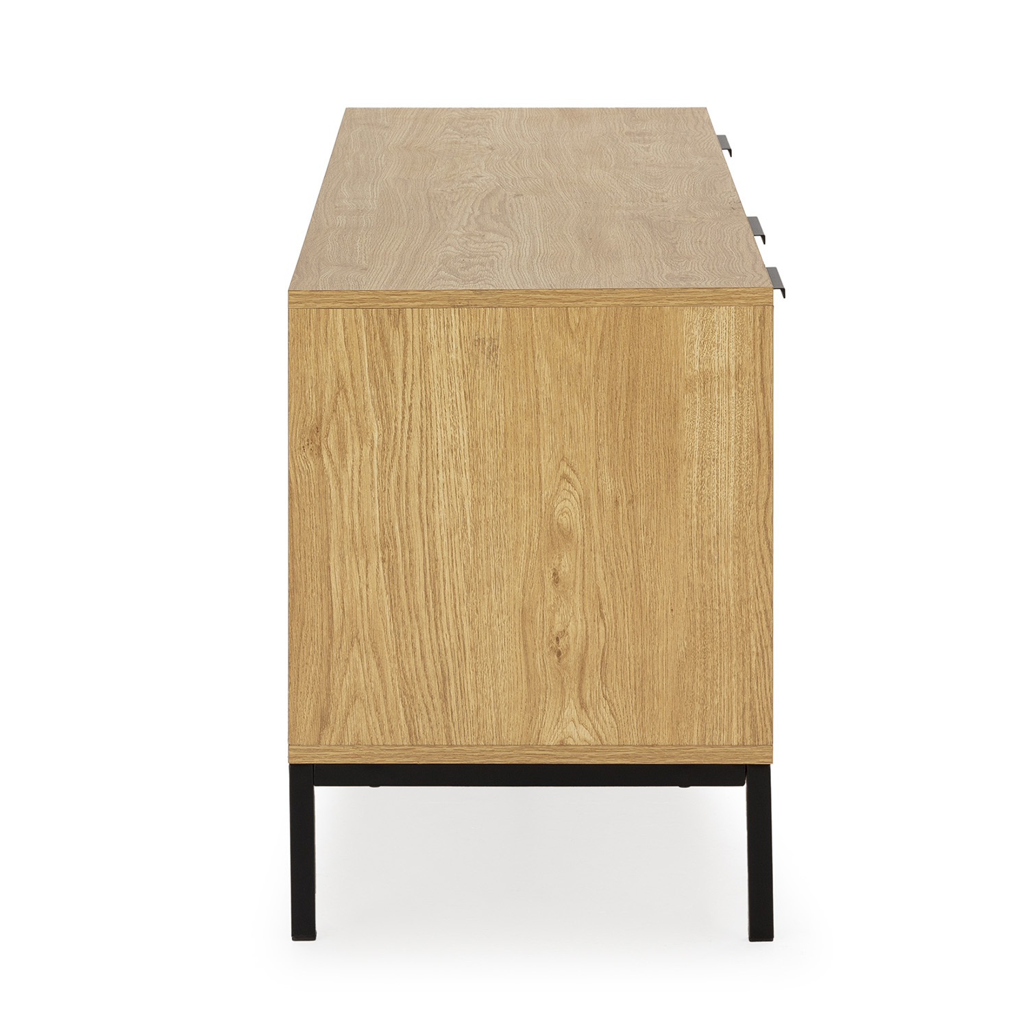 Un mueble de madera con patas de metal negro, visto de lado.