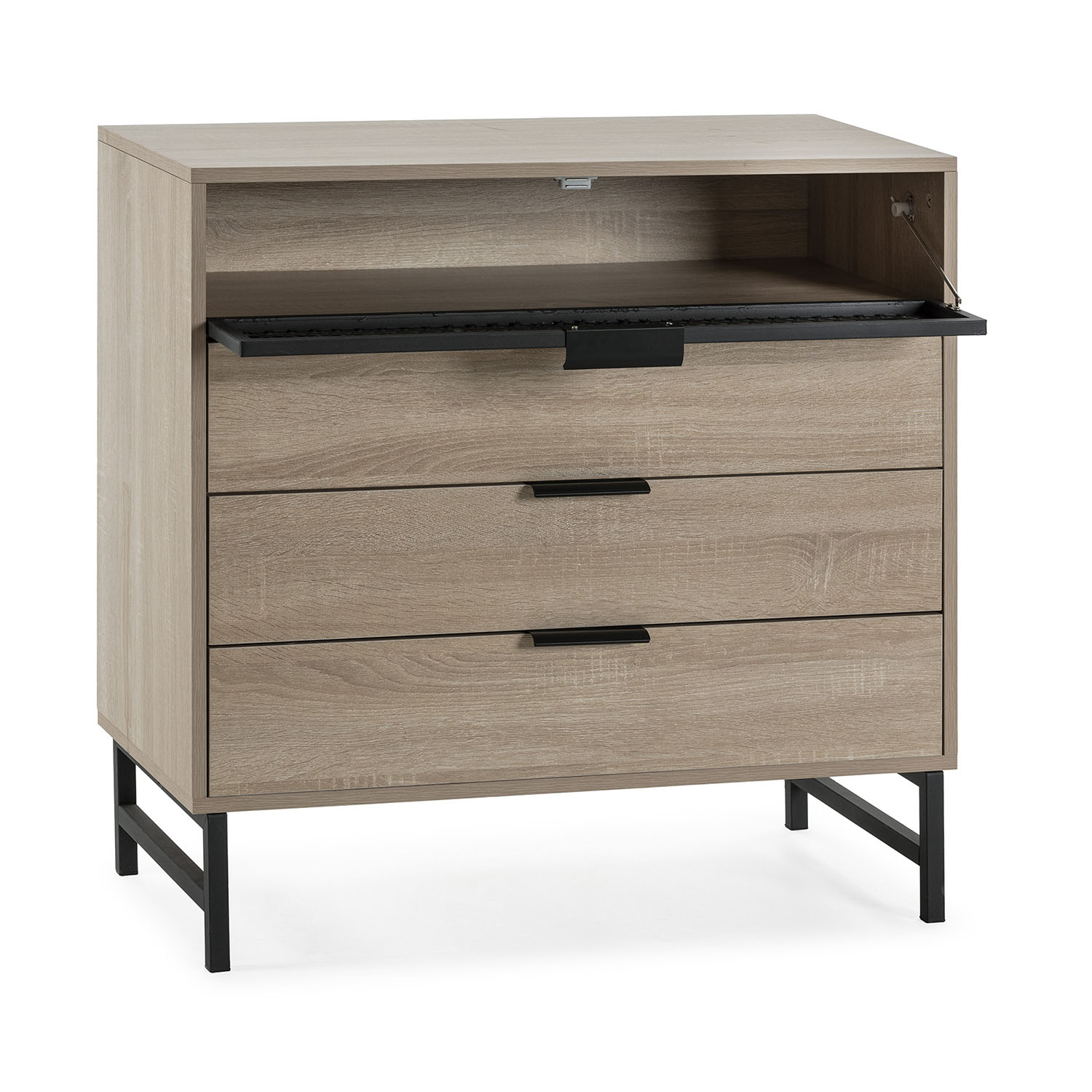 Un mueble de madera clara con tres cajones y patas de metal negro. Una tapa está abierta.
