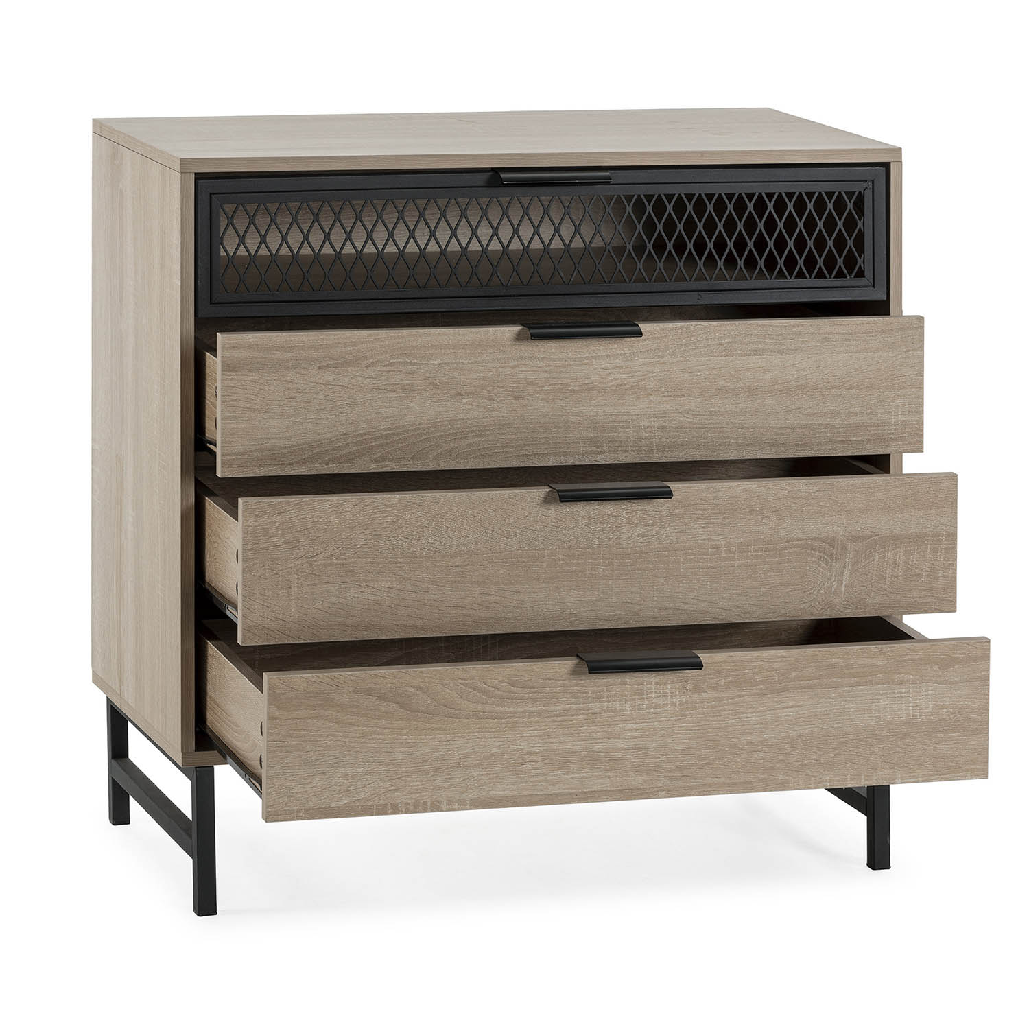 Cómoda de madera con tres cajones y compartimento de rejilla negro arriba, sobre patas negras.