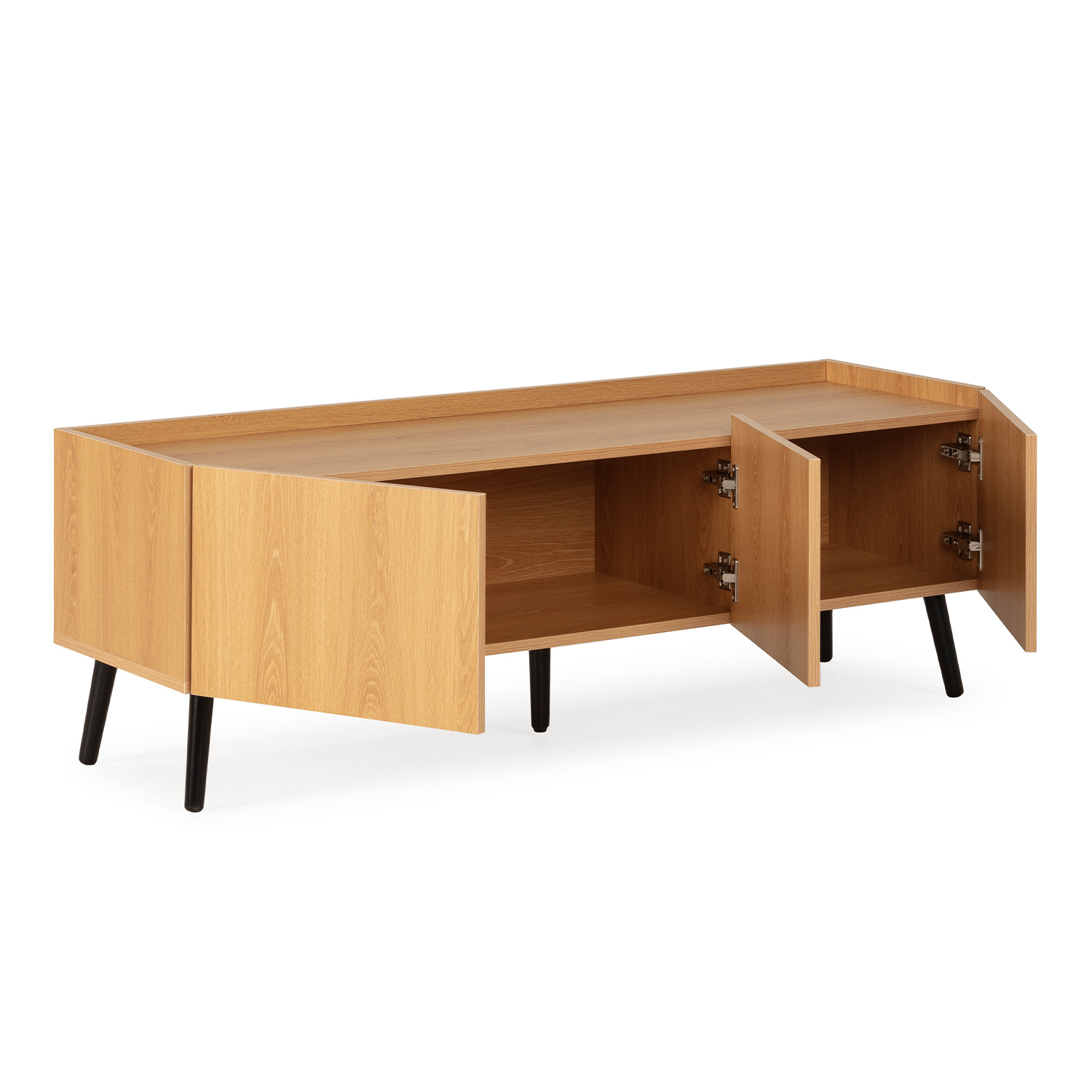 Un mueble de madera con puertas abiertas y patas negras.
