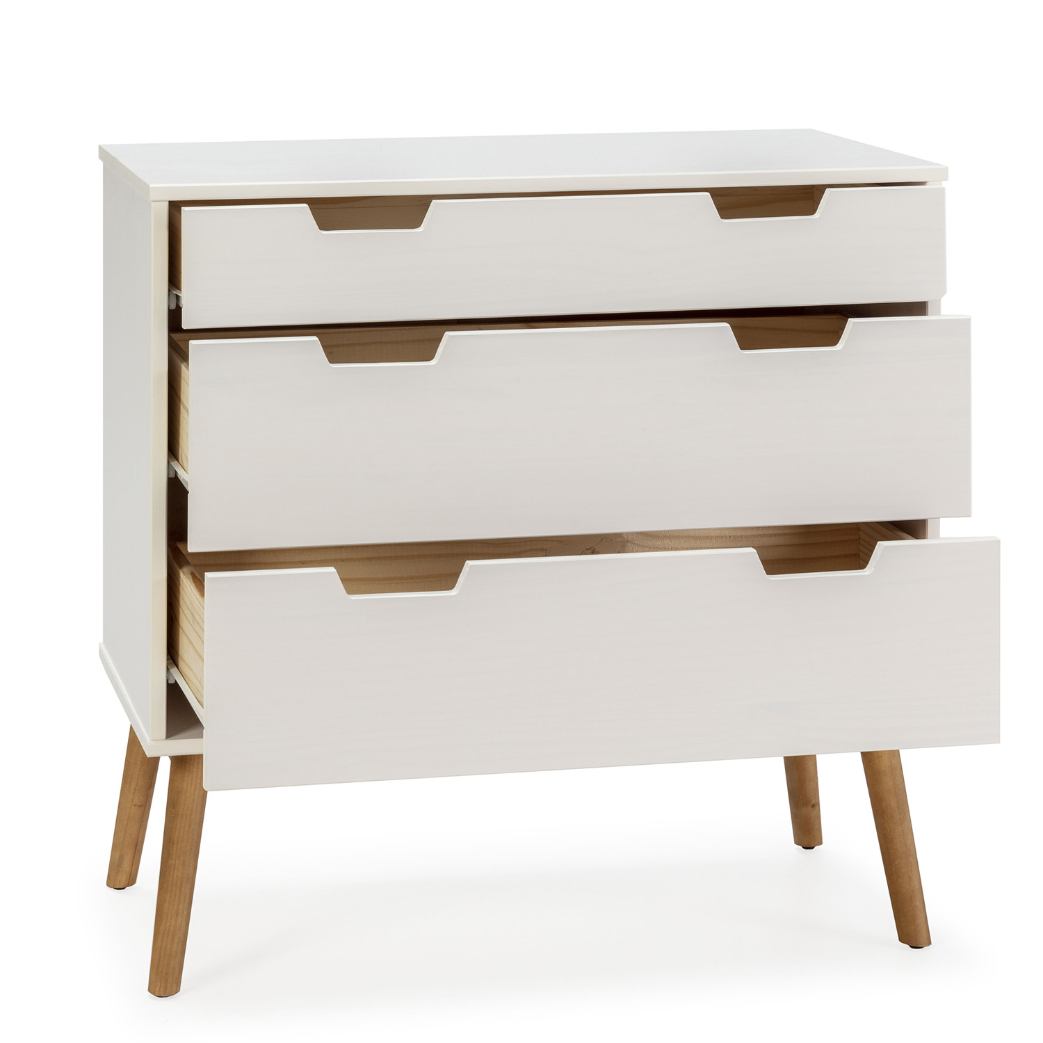 Cómoda blanca con tres cajones y patas de madera.