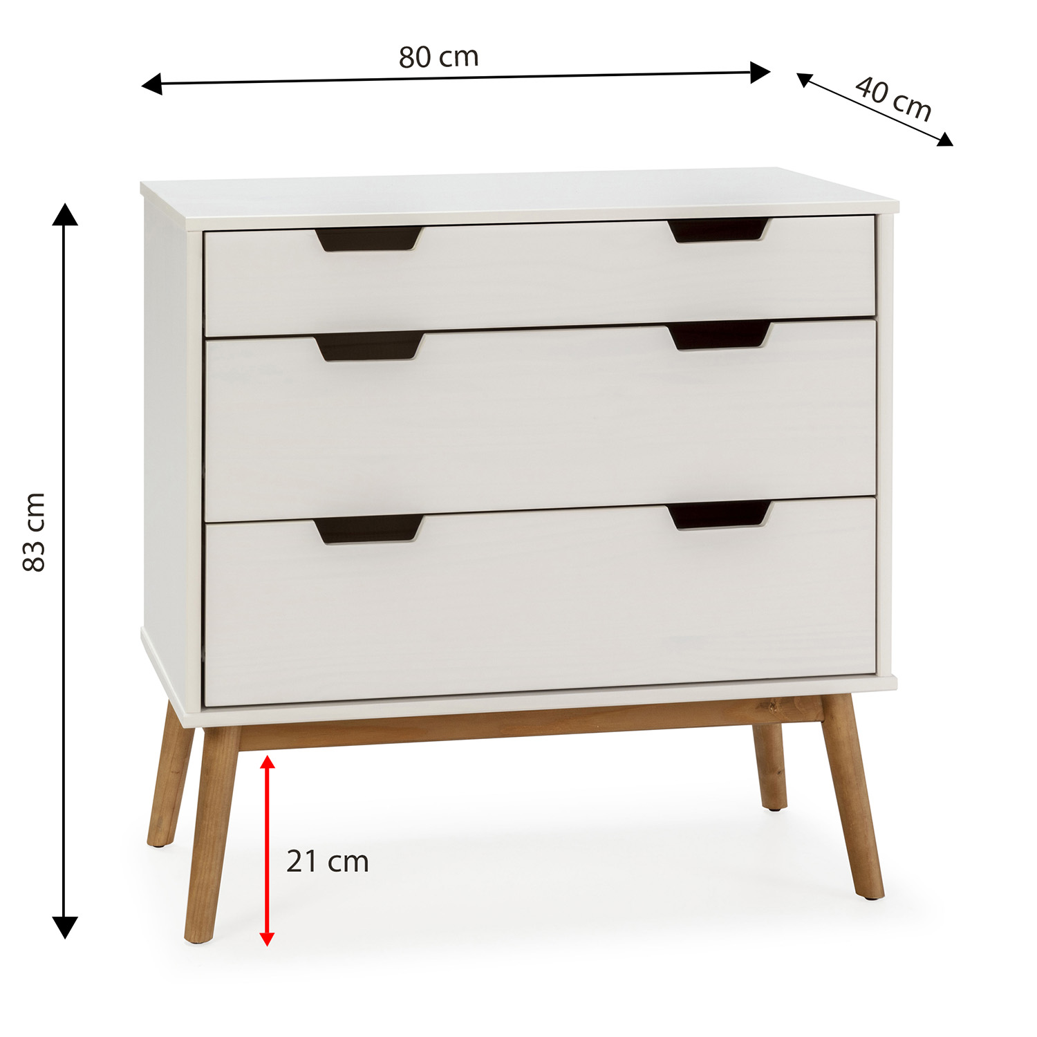 Cómoda blanca con tres cajones y patas de madera, 80x40x83cm.